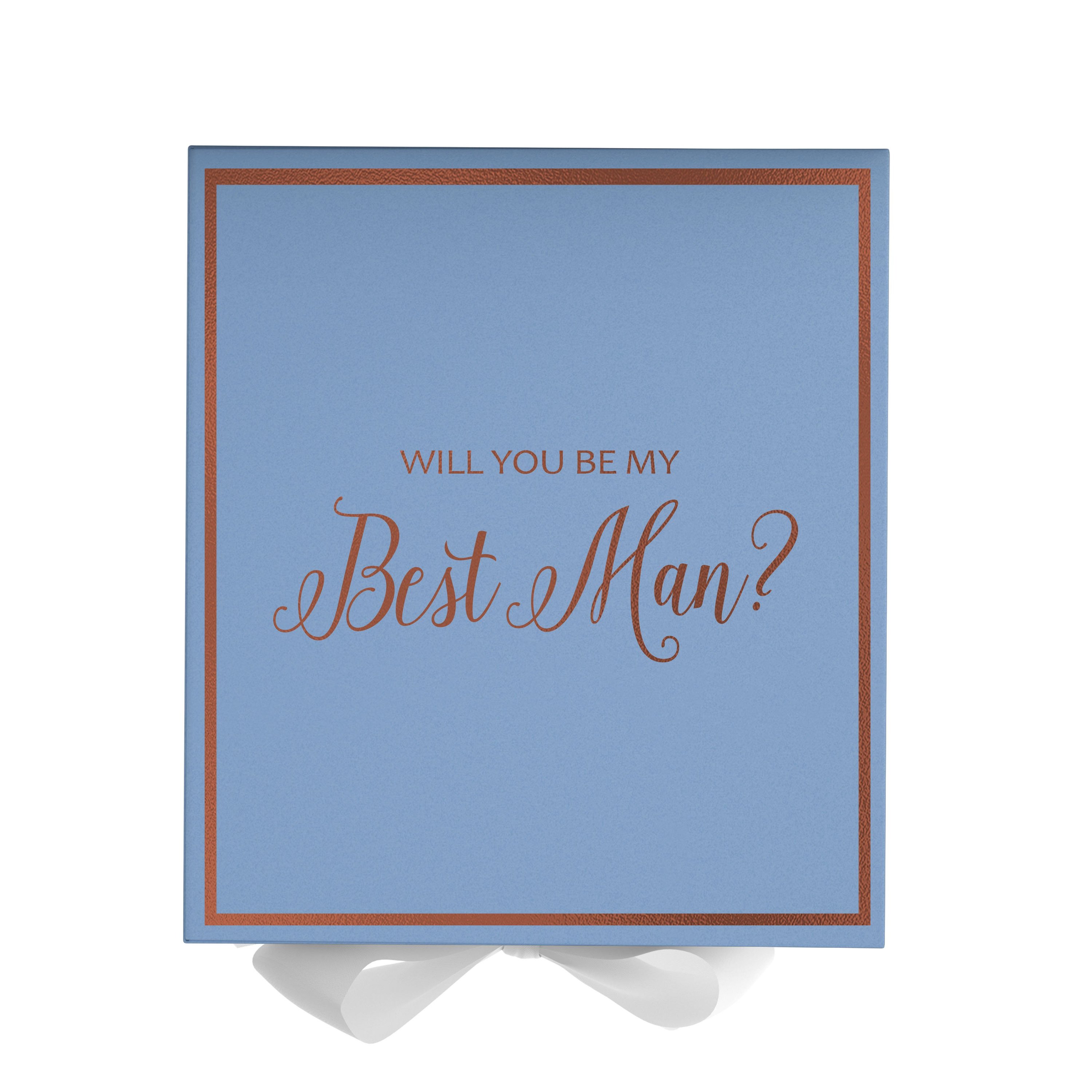 Light blue proposal box with white bow and metallic writing, perfect for Best Man proposals.