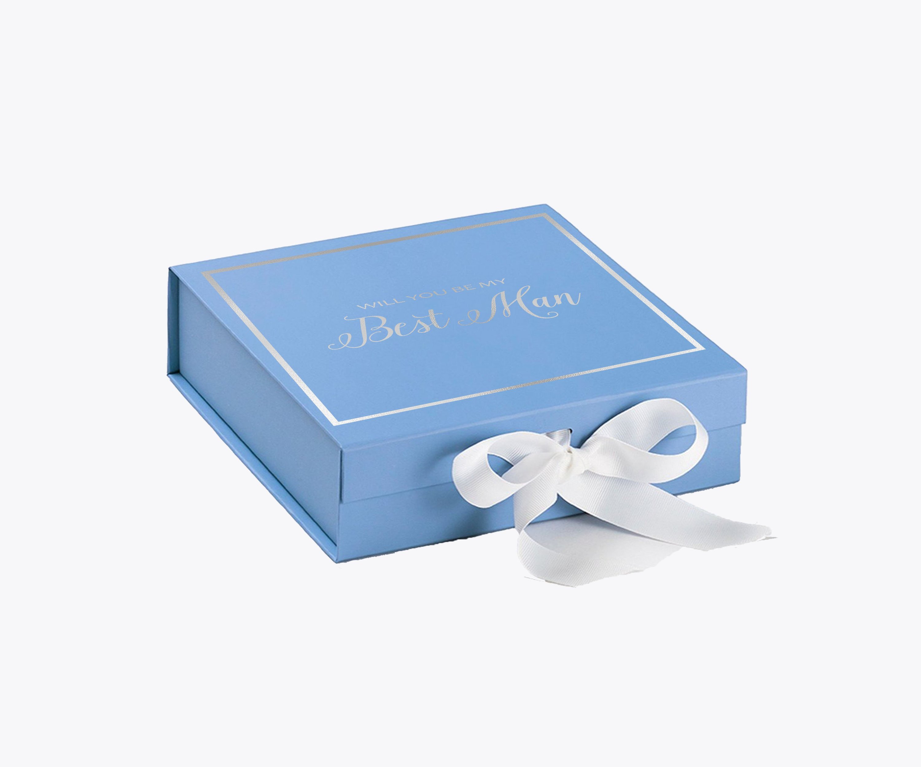 Light blue proposal box with white bow and metallic writing, perfect for Best Man proposals.