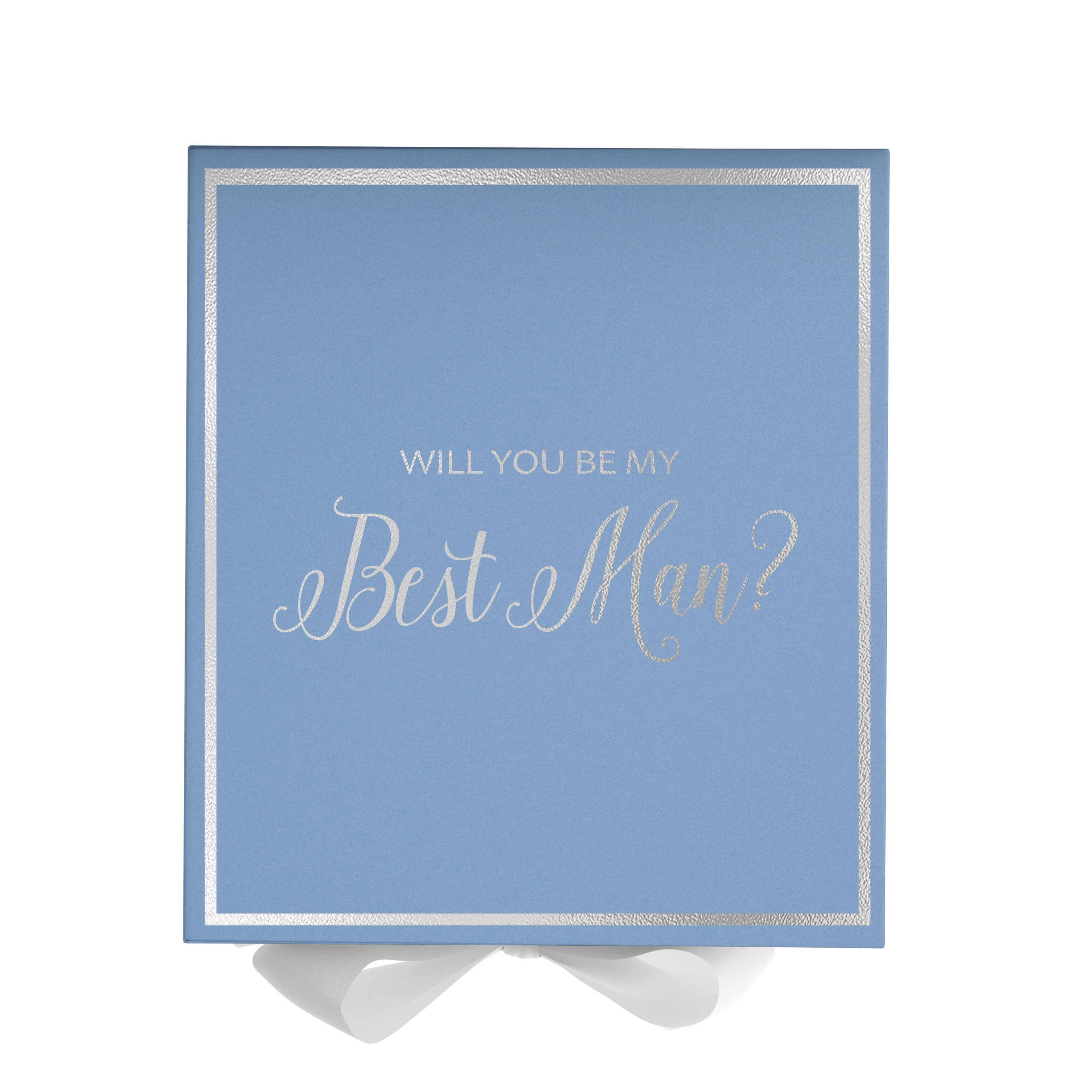 Light blue proposal box with white bow and metallic writing, perfect for Best Man proposals.