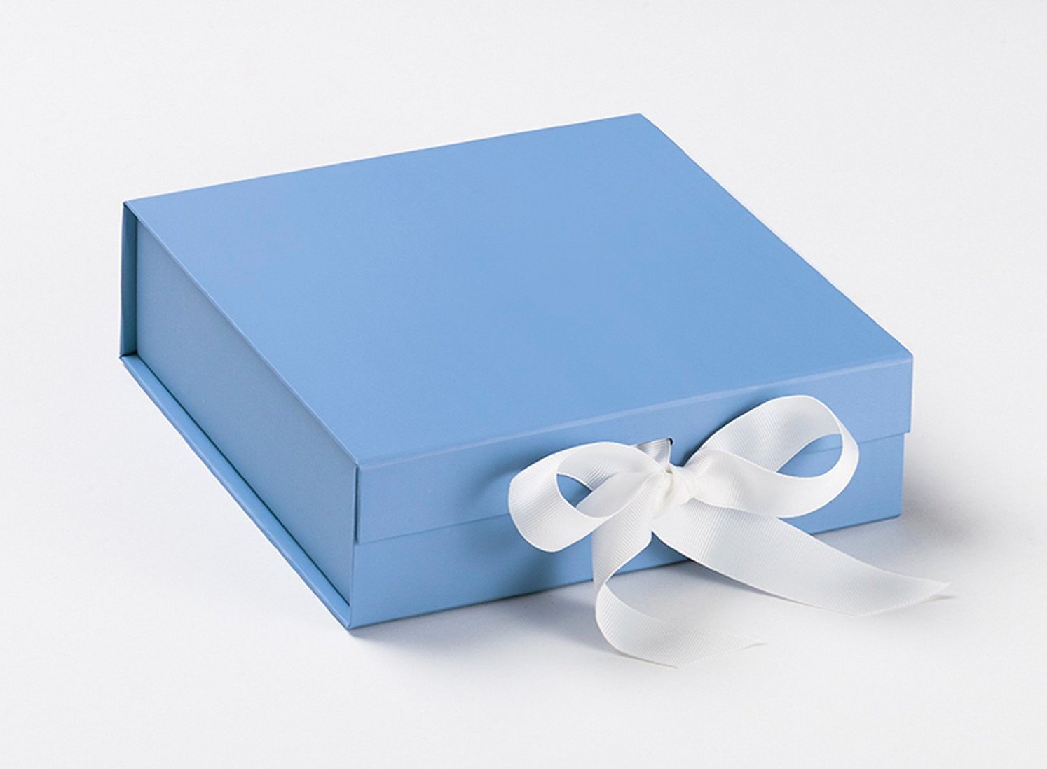 Light blue proposal box with white bow and metallic writing, perfect for Best Man proposals.