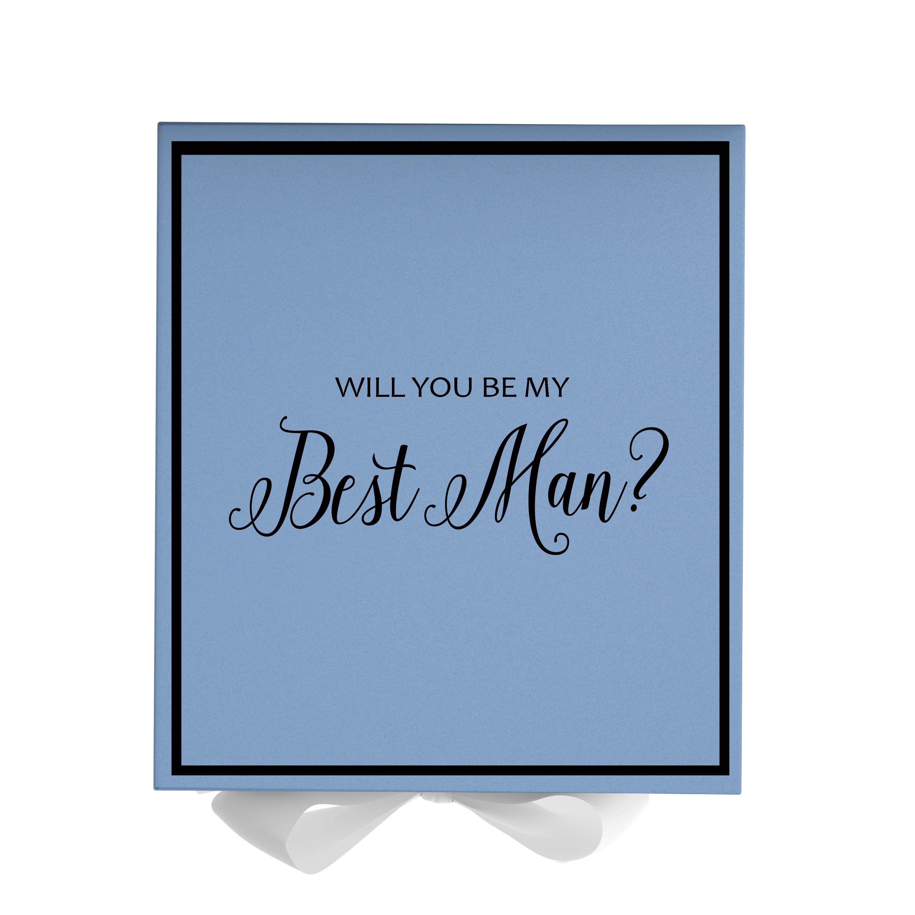 Light blue proposal box with white bow and metallic writing, perfect for Best Man proposals.