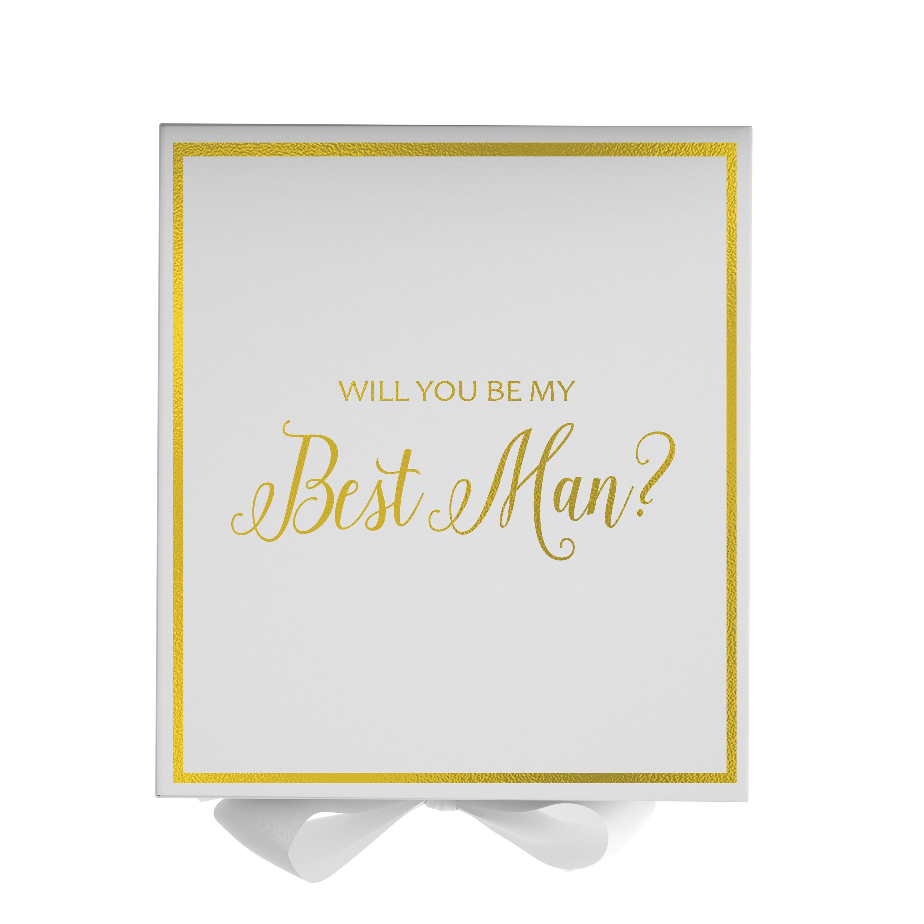 Elegant white proposal box with metallic writing and a white bow, perfect for asking your best man.