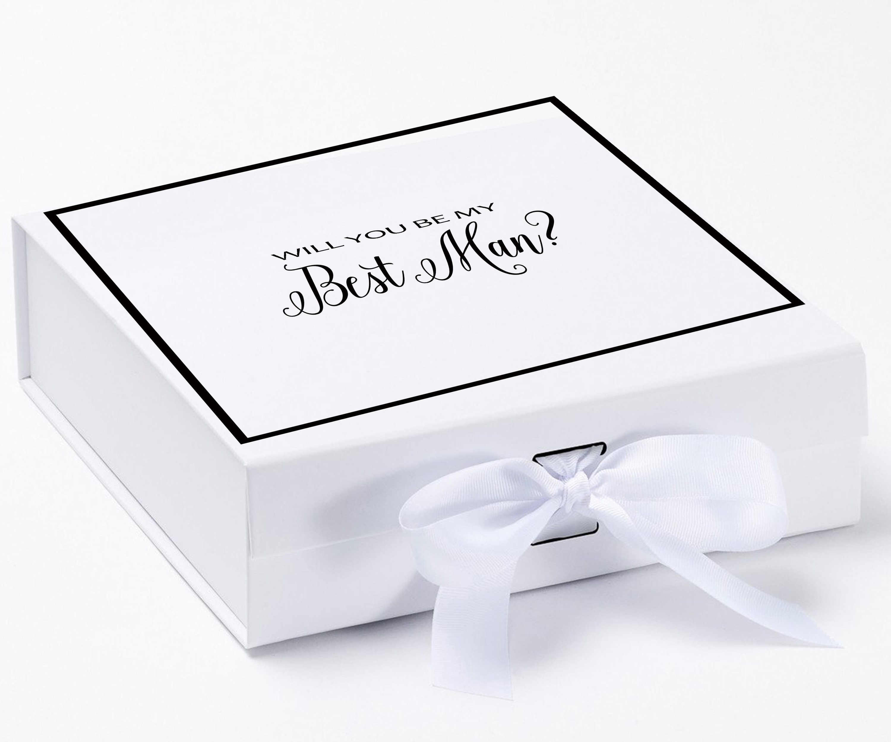 Elegant white proposal box with metallic writing and a white bow, perfect for asking your best man.