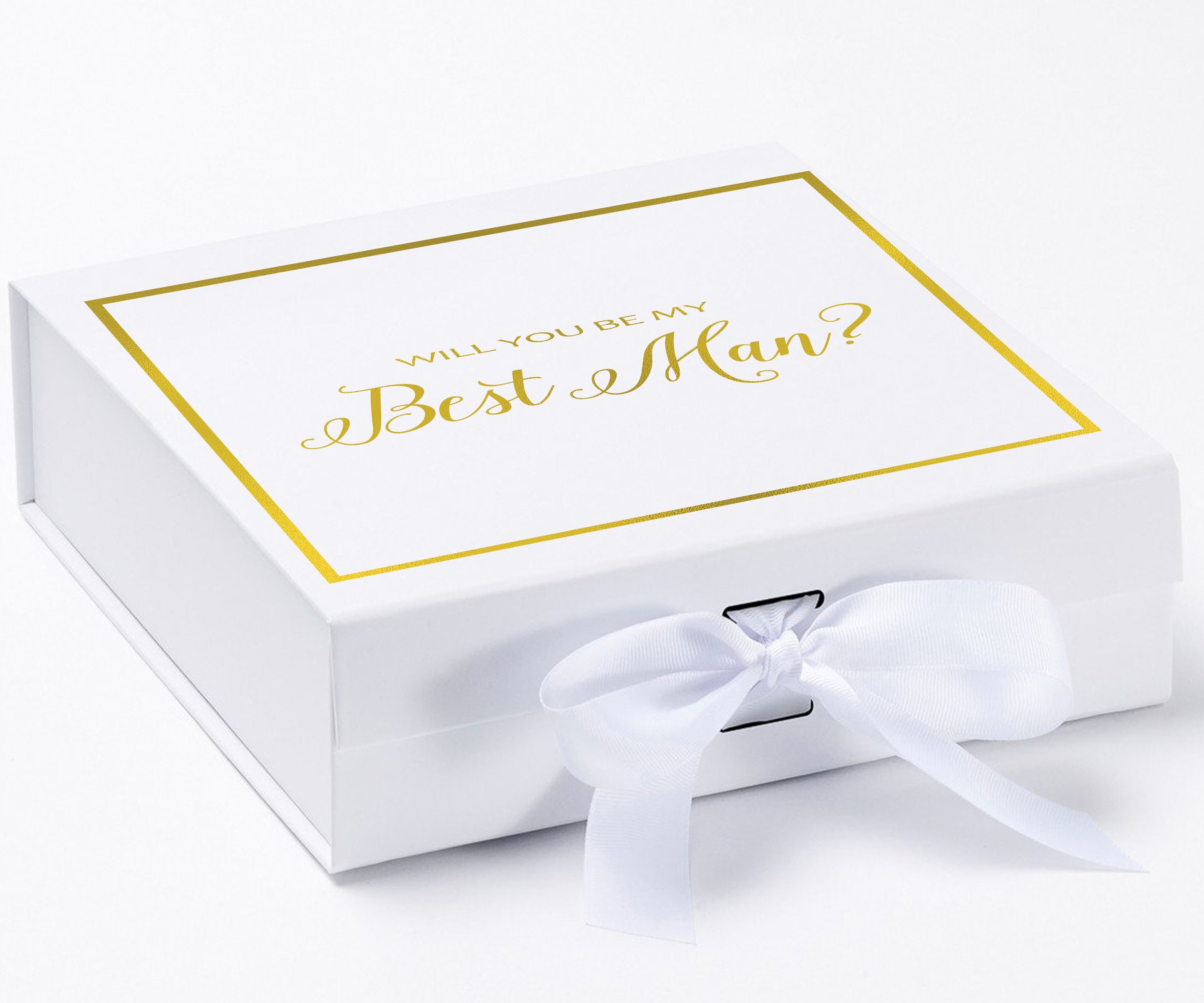 Elegant white proposal box with metallic writing and a white bow, perfect for asking your best man.