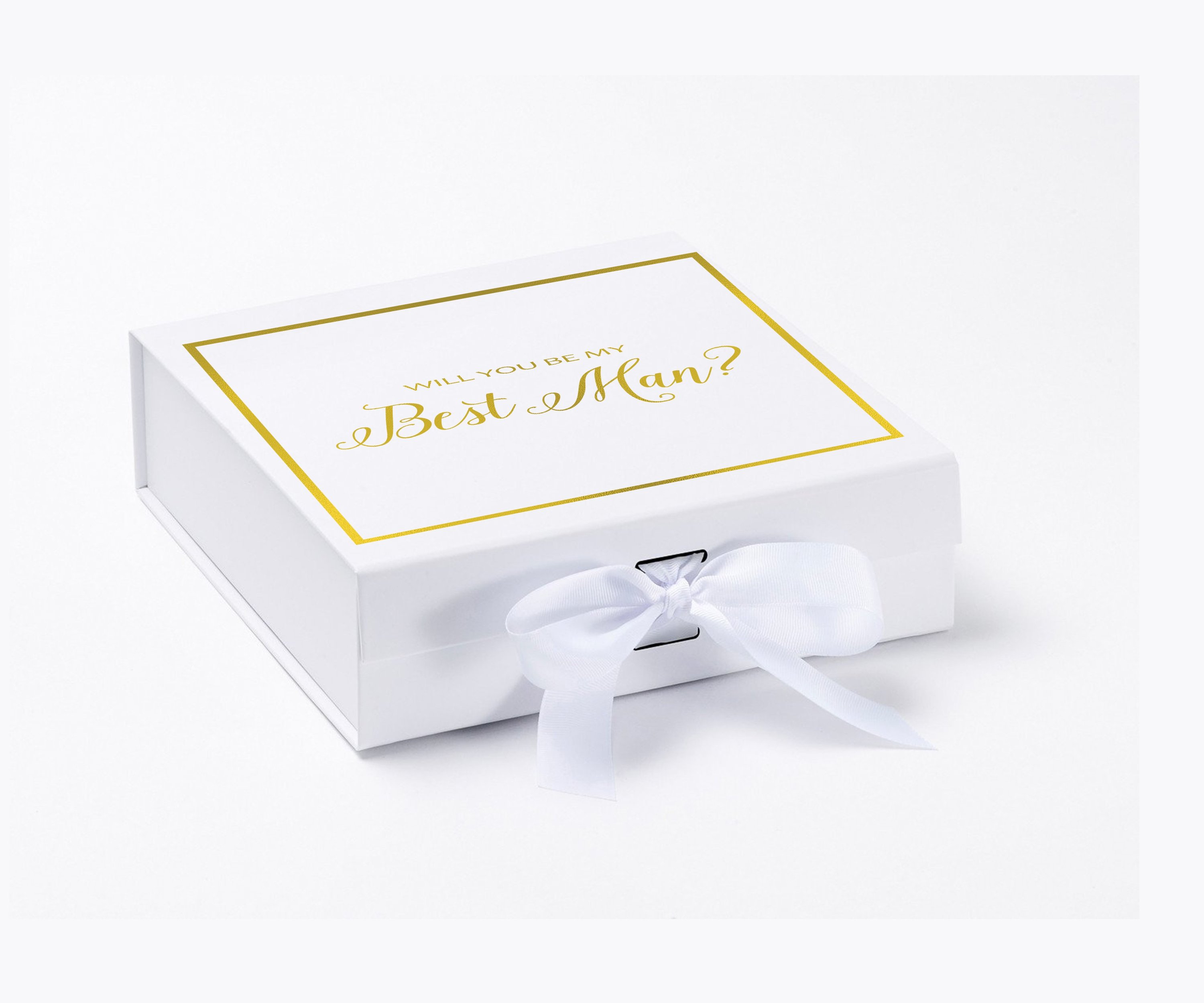 Elegant white proposal box with metallic writing and a white bow, perfect for asking your best man.