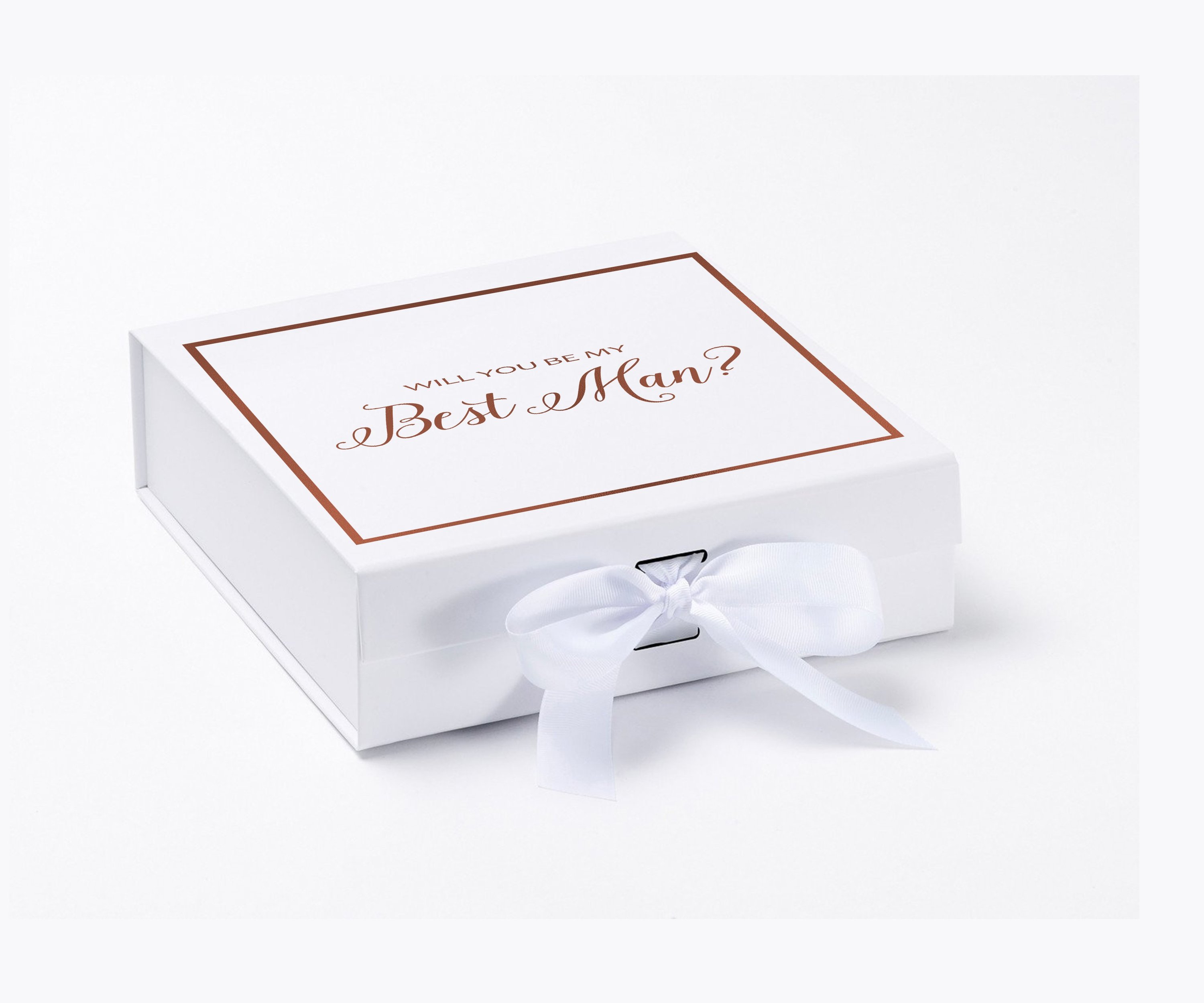 Elegant white proposal box with metallic writing and a white bow, perfect for asking your best man.