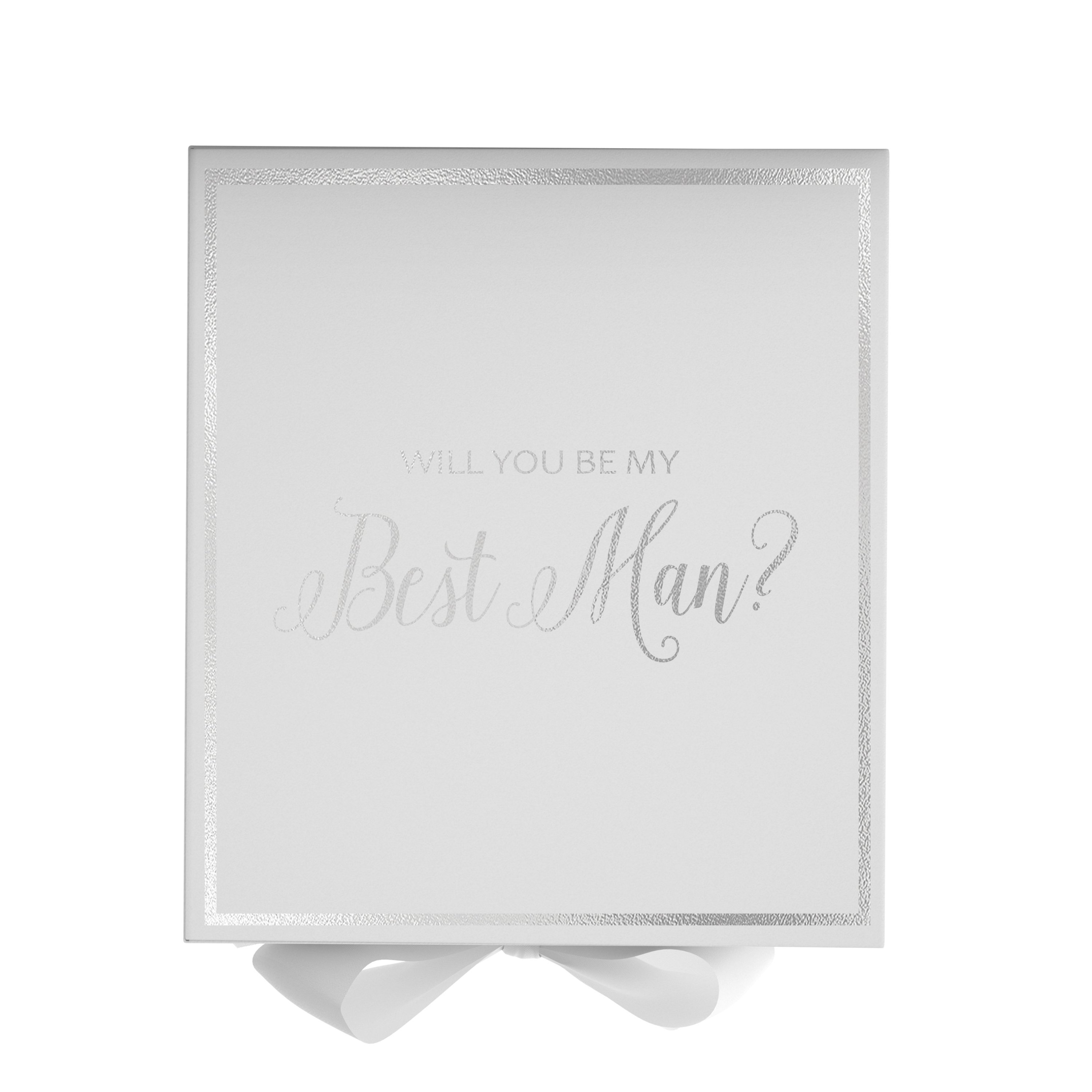 Elegant white proposal box with metallic writing and a white bow, perfect for asking your best man.