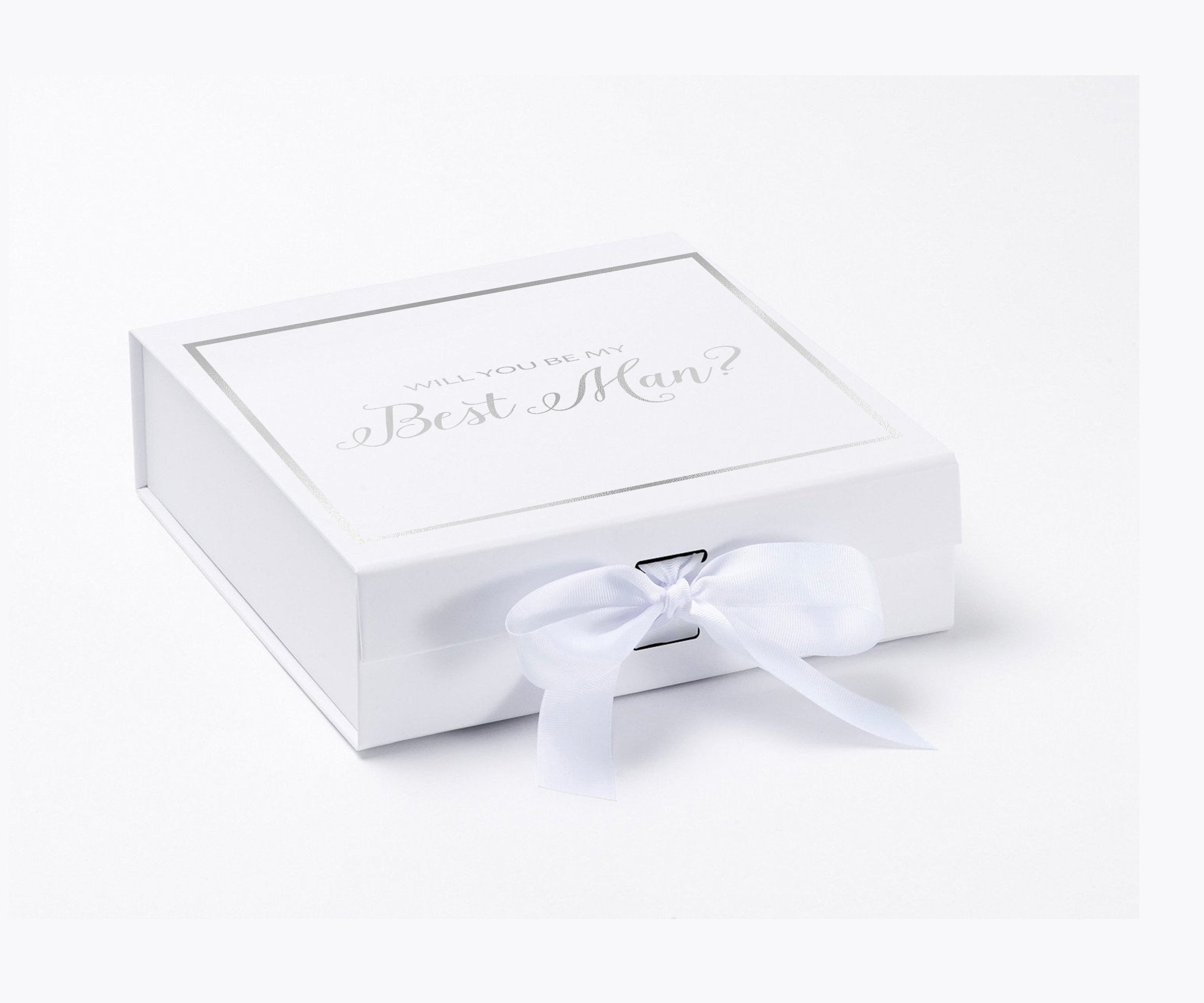 Elegant white proposal box with metallic writing and a white bow, perfect for asking your best man.