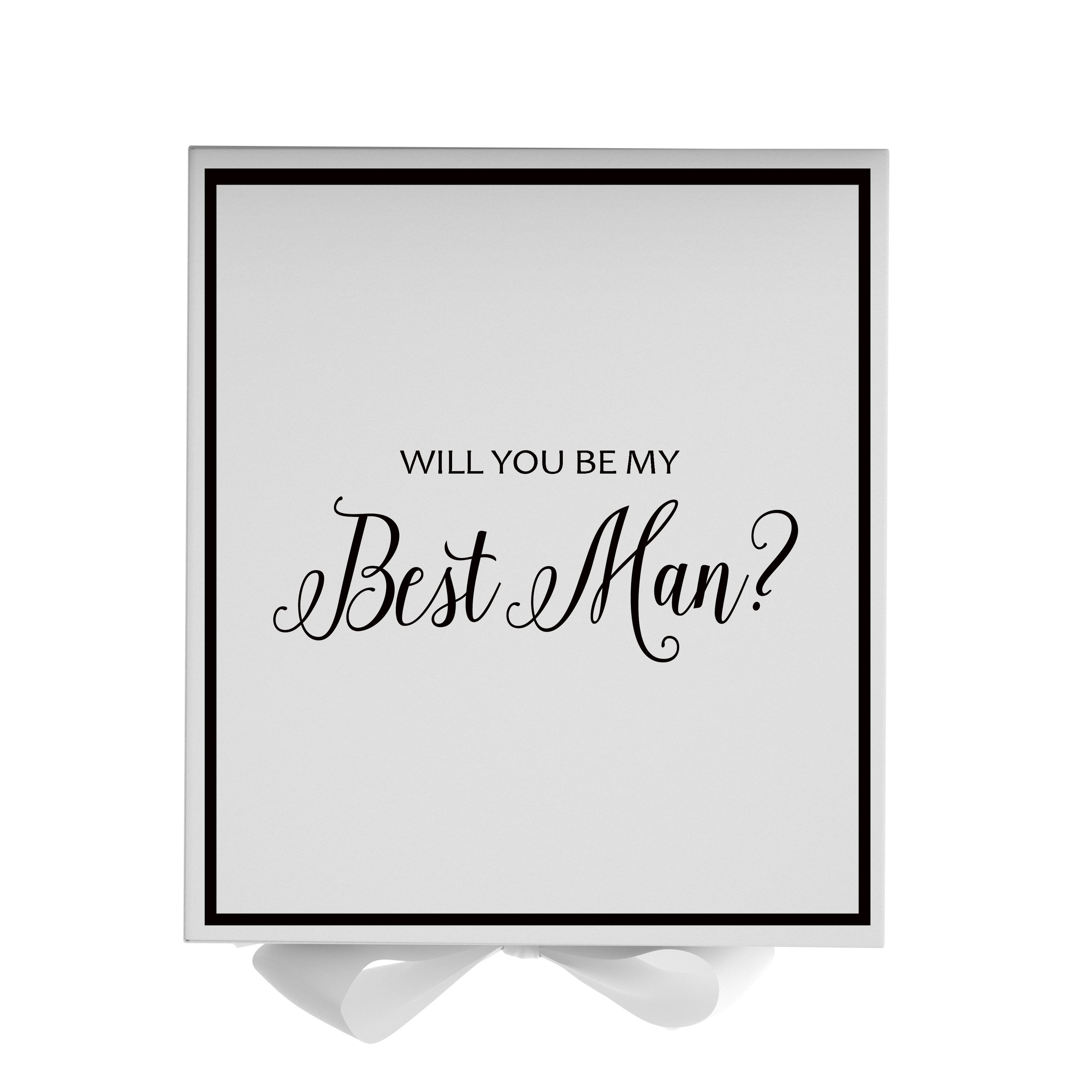 Elegant white proposal box with metallic writing and a white bow, perfect for asking your best man.