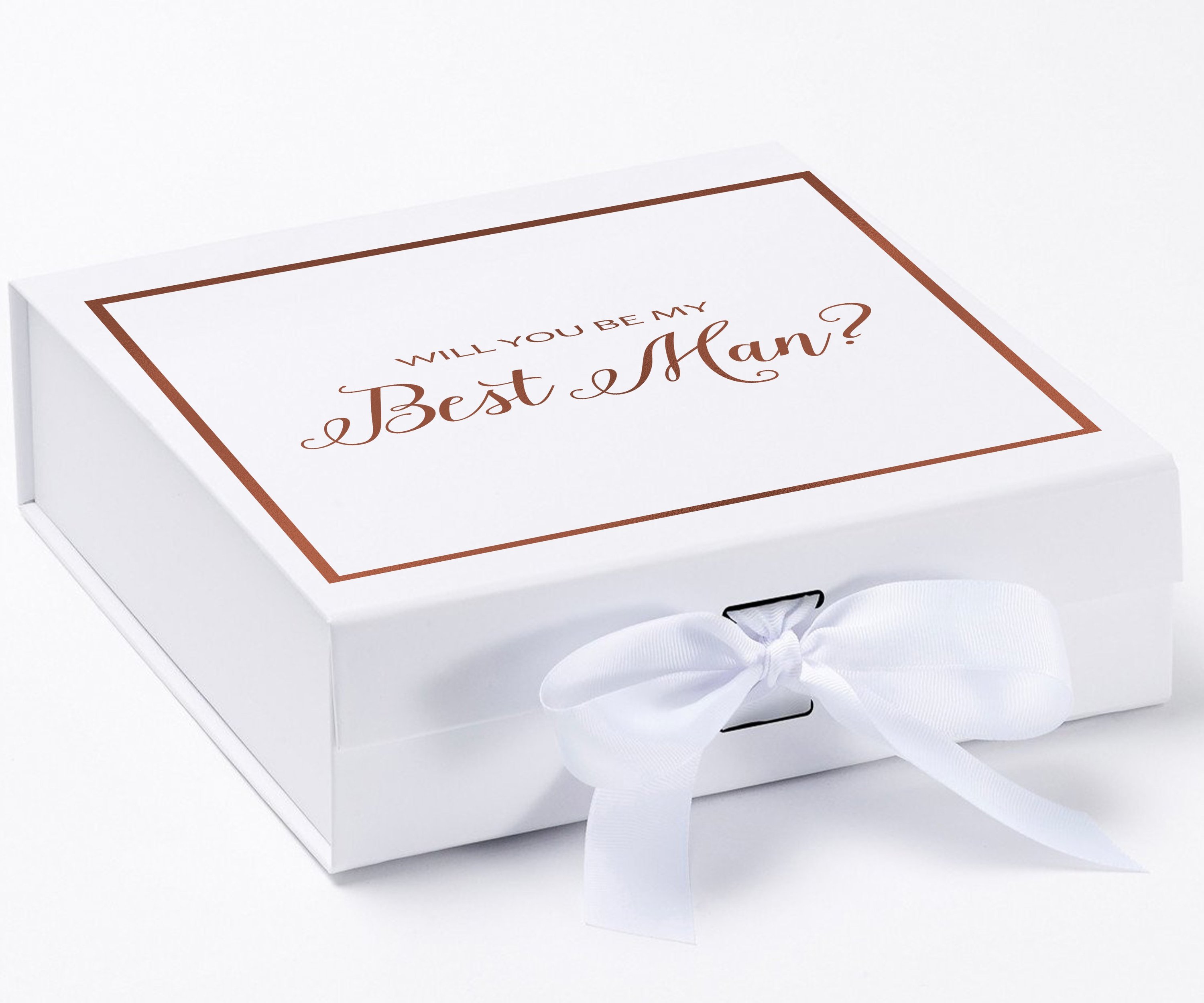 Elegant white proposal box with metallic writing and a white bow, perfect for asking your best man.