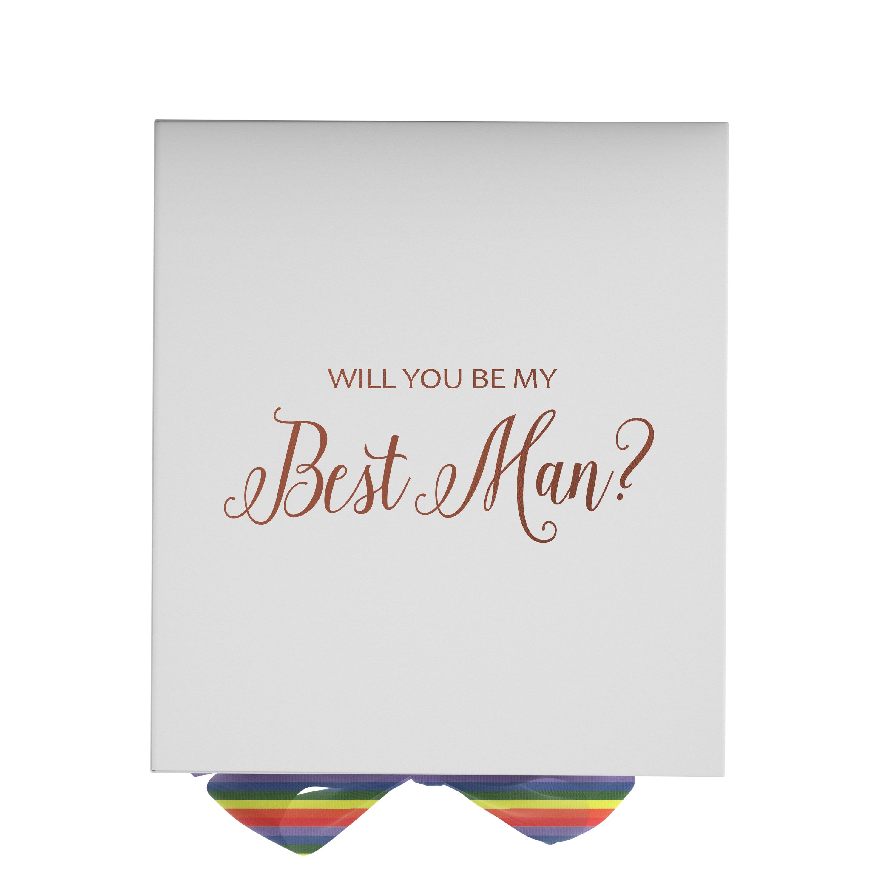 Elegant white proposal box with metallic writing and rainbow bow, perfect for asking your best man.