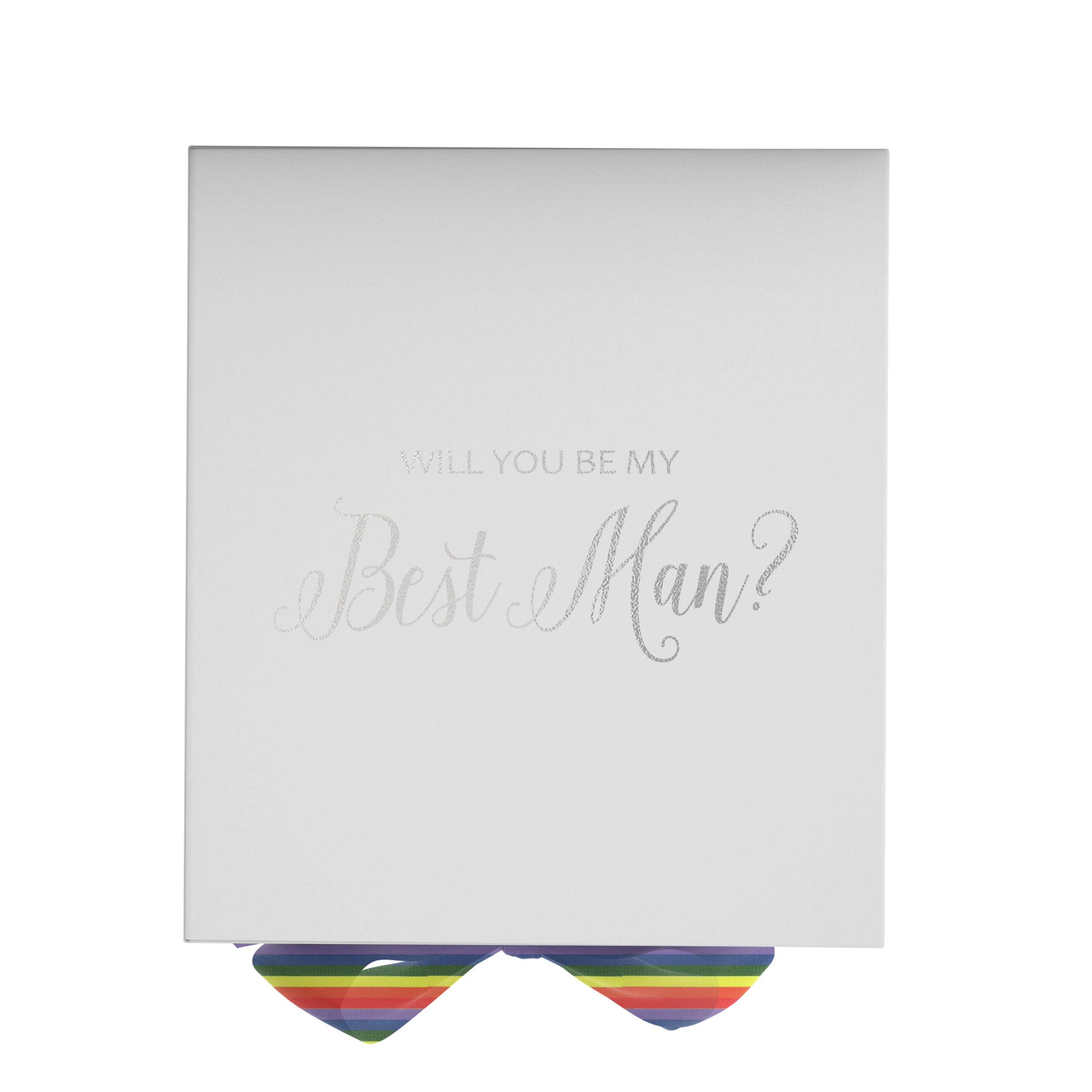 Elegant white proposal box with metallic writing and rainbow bow, perfect for asking your best man.