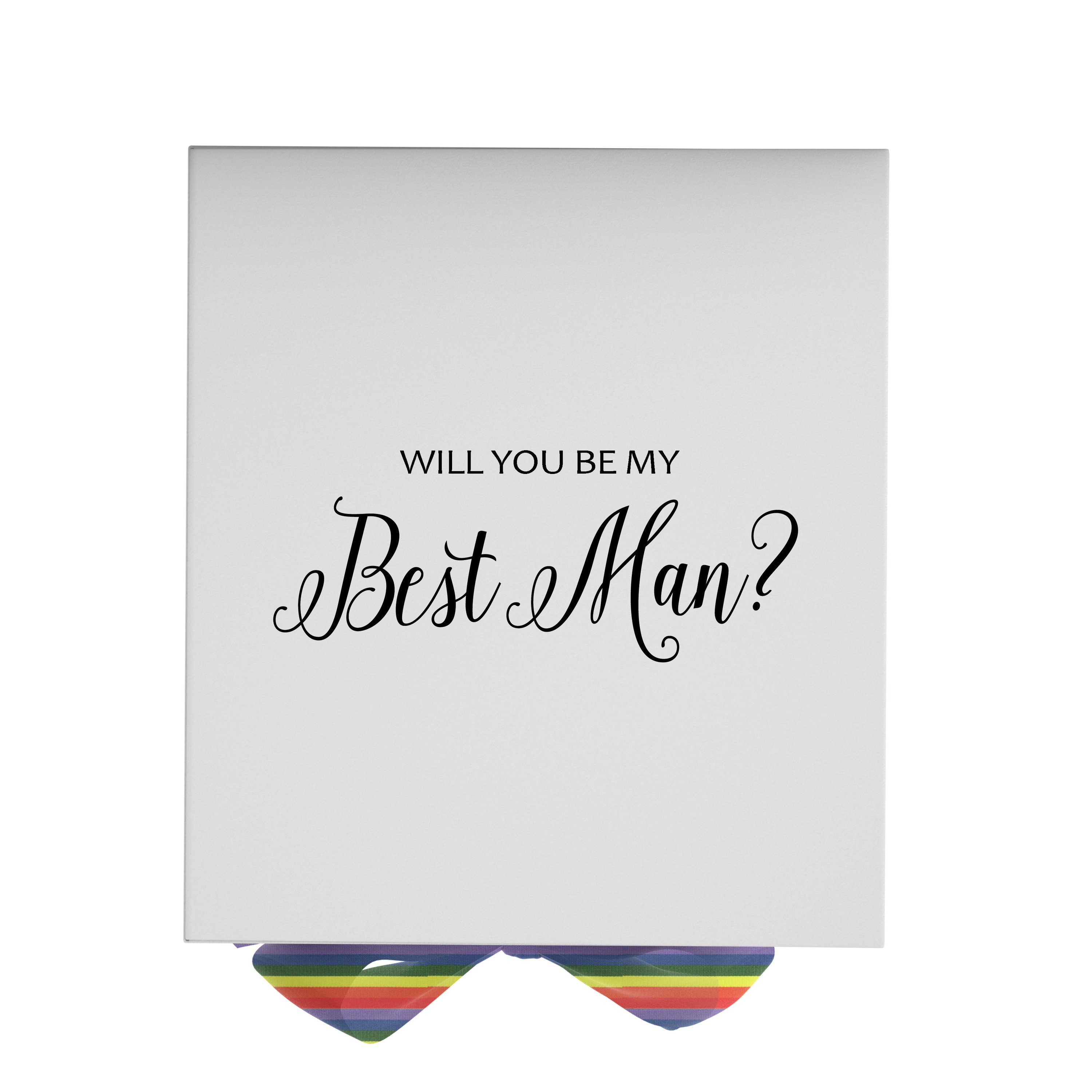 Elegant white proposal box with metallic writing and rainbow bow, perfect for asking your best man.