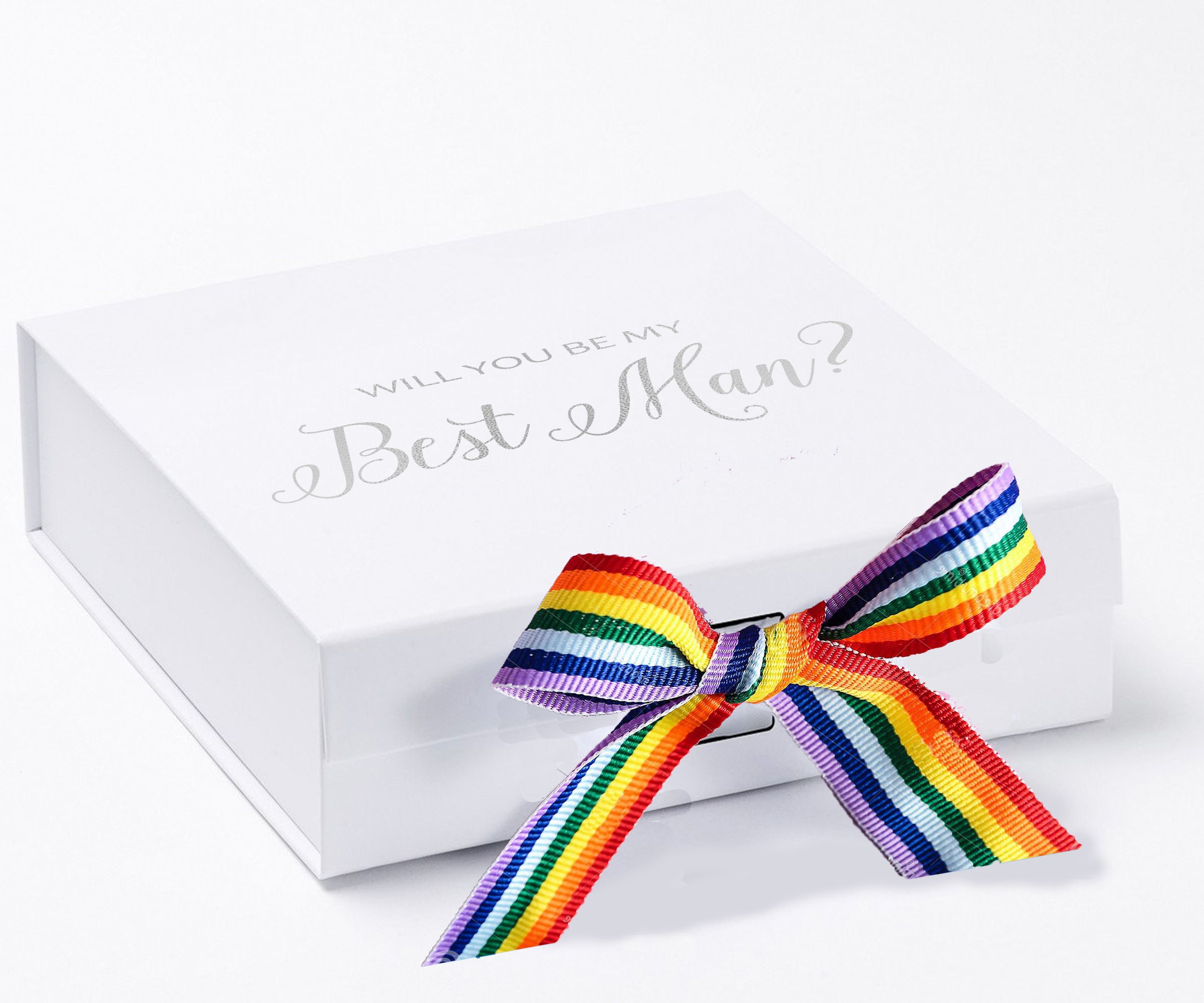 Elegant white proposal box with metallic writing and rainbow bow, perfect for asking your best man.