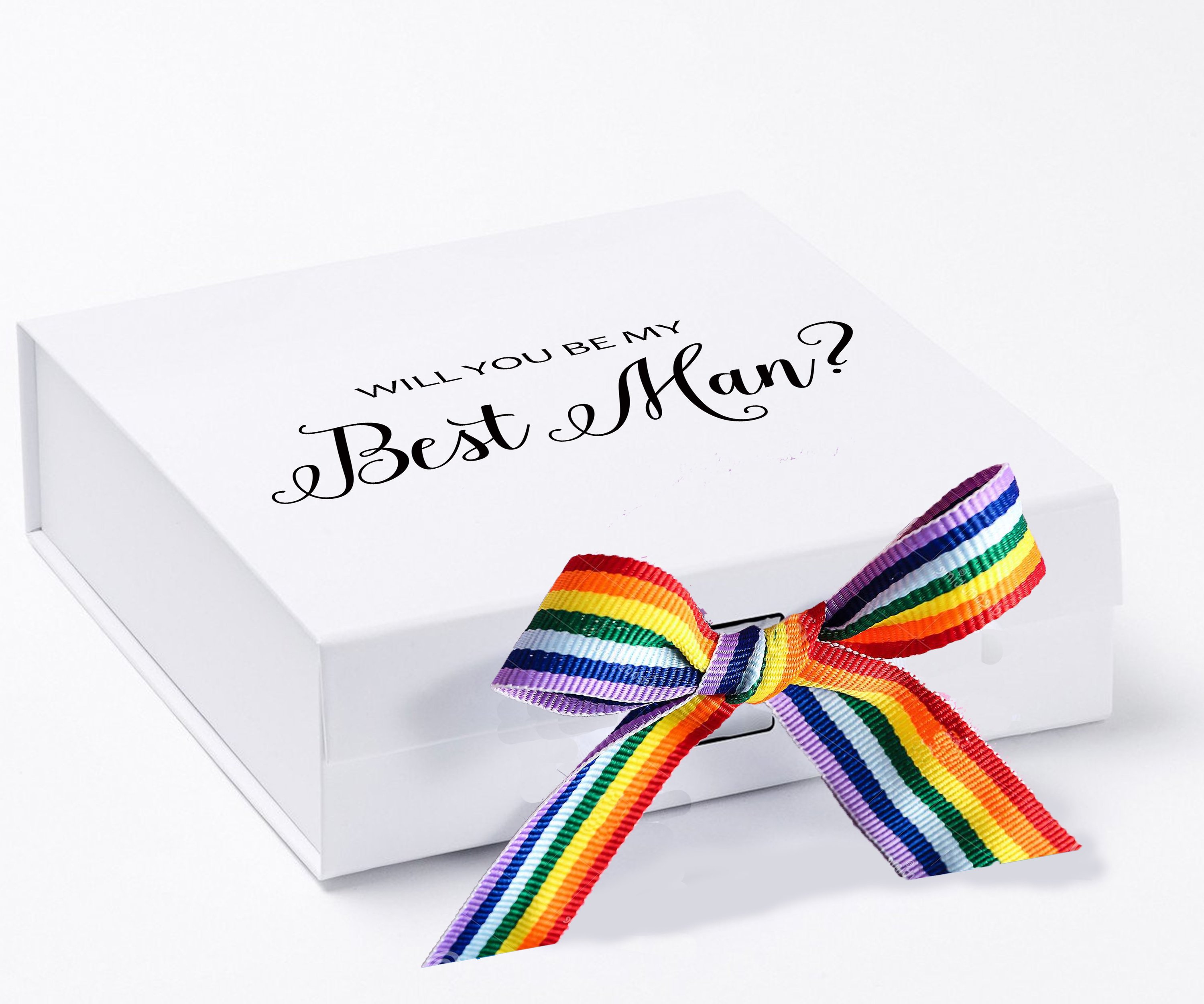 Elegant white proposal box with metallic writing and rainbow bow, perfect for asking your best man.