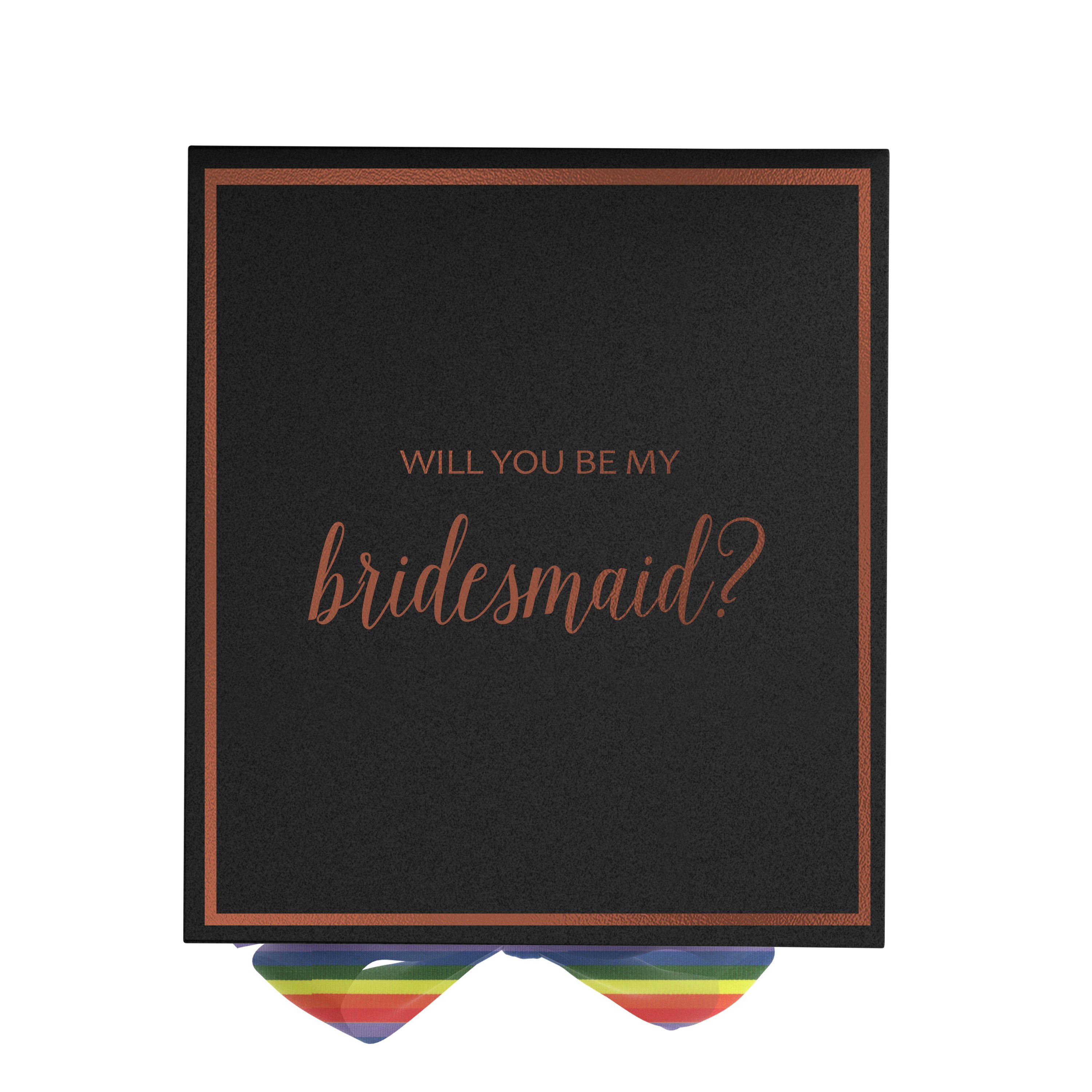 Elegant black bridesmaid proposal box with metallic writing and rainbow bow, showcasing its luxurious design.