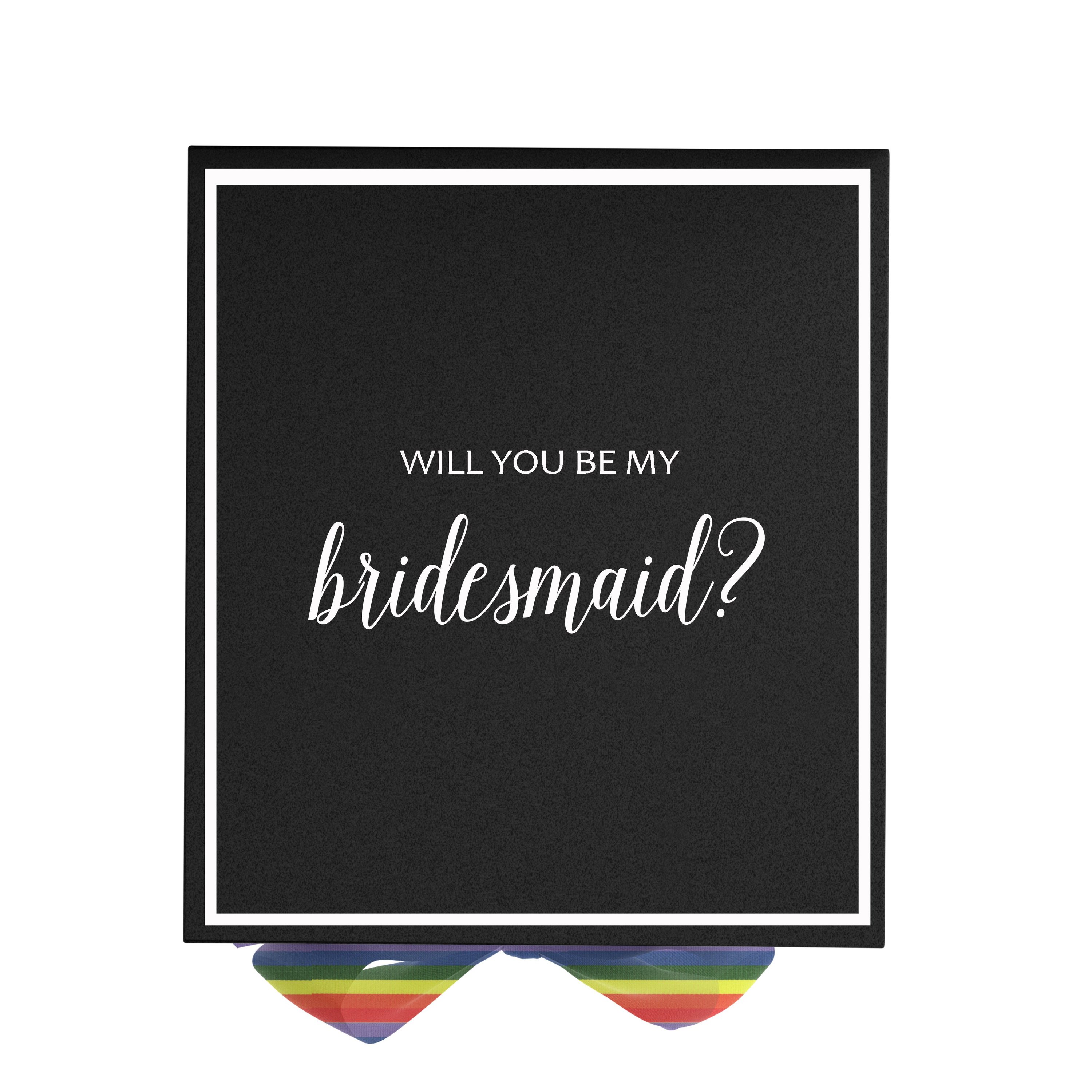 Elegant black bridesmaid proposal box with metallic writing and rainbow bow, showcasing its luxurious design.