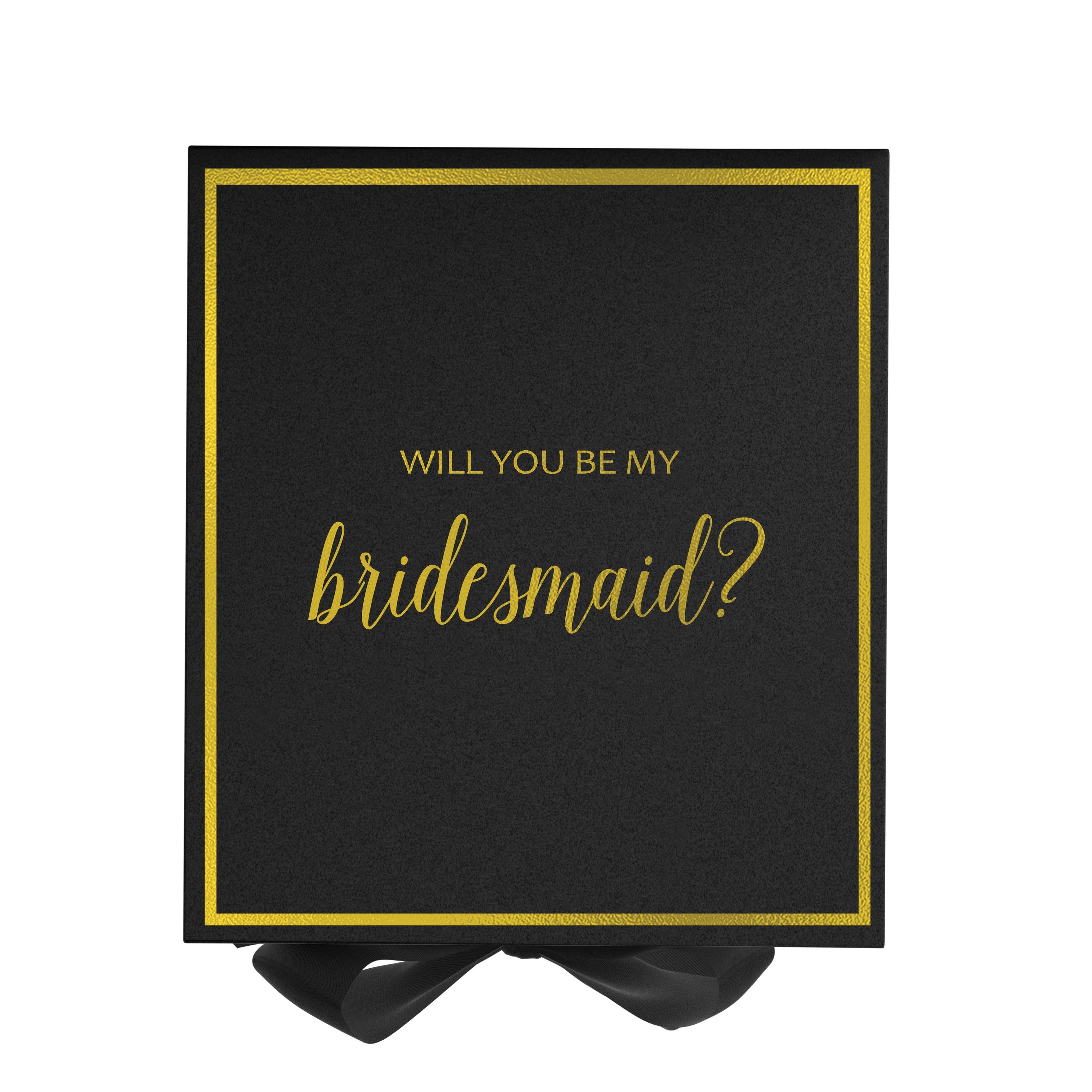 Elegant black bridesmaid proposal box with metallic writing and a black bow, showcasing its luxurious design.