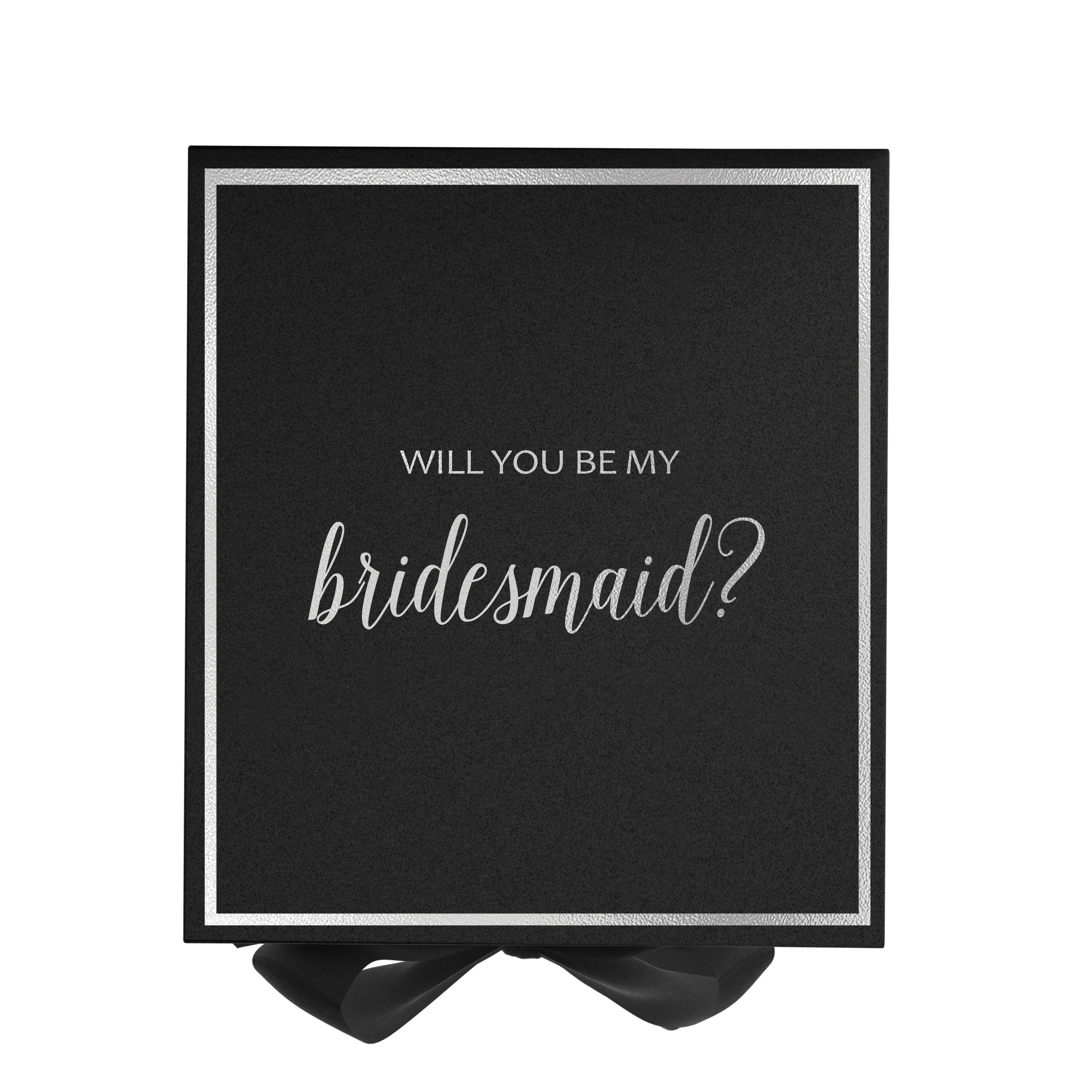 Elegant black bridesmaid proposal box with metallic writing and a black bow, showcasing its luxurious design.