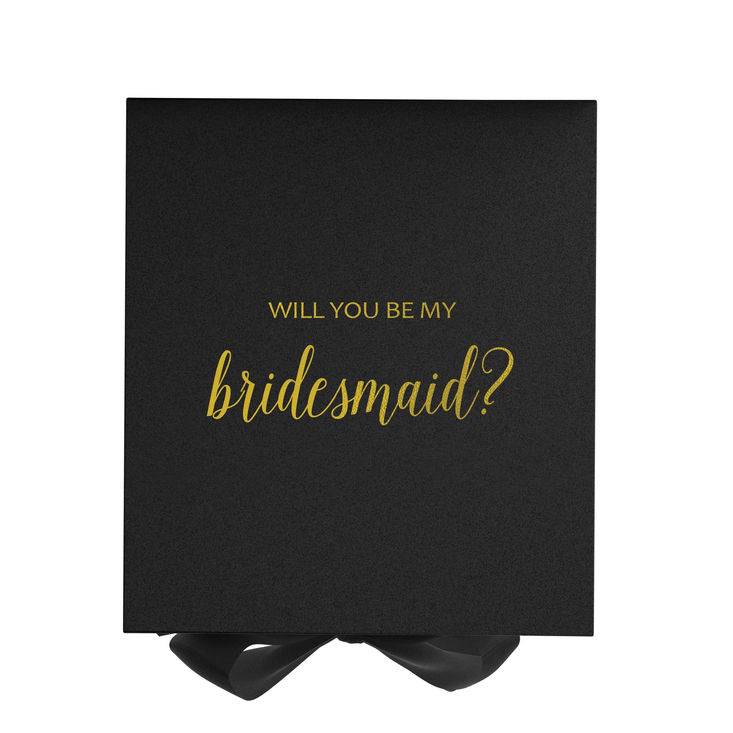 Elegant black bridesmaid proposal box with metallic writing and a black bow, showcasing its luxurious design.