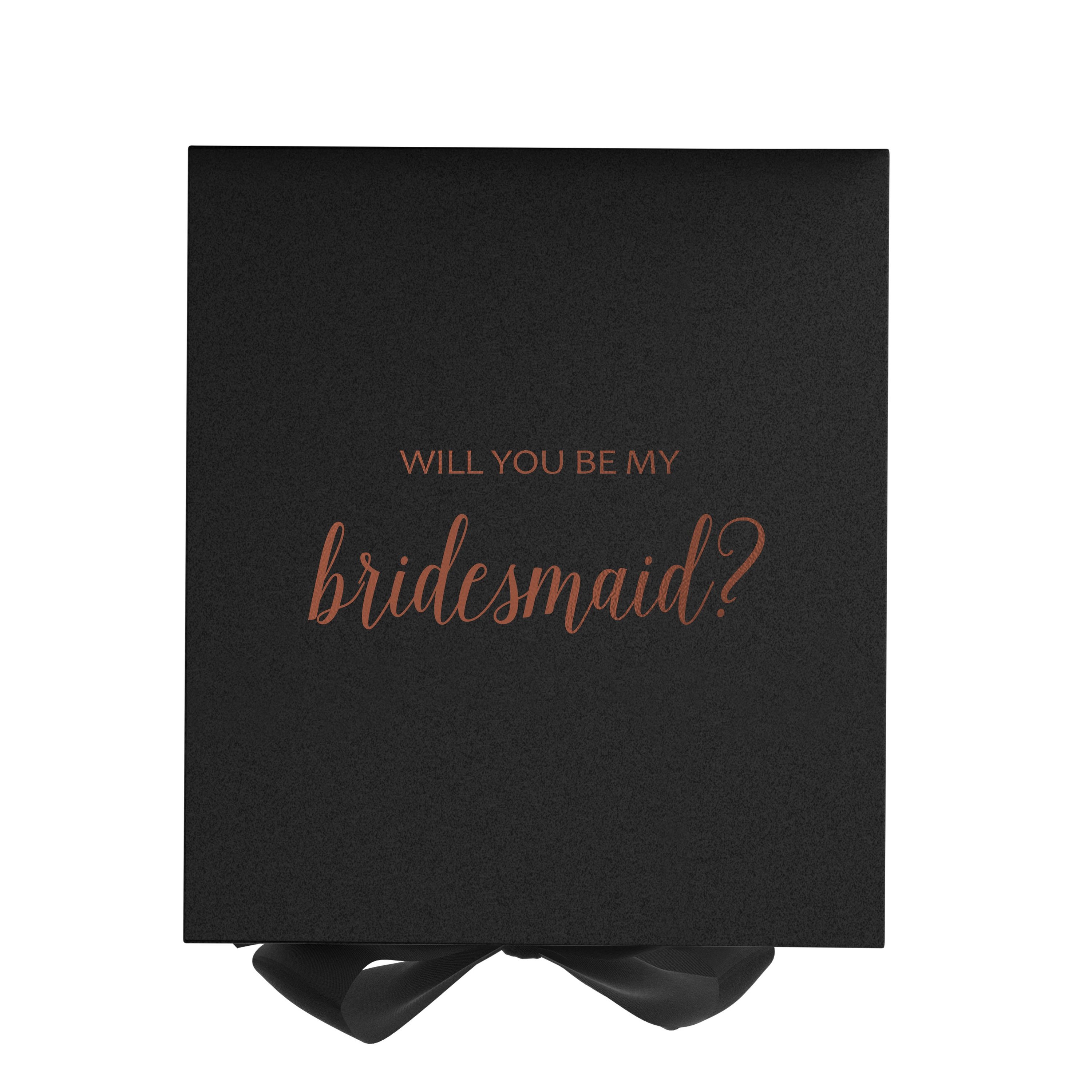 Elegant black bridesmaid proposal box with metallic writing and a black bow, showcasing its luxurious design.