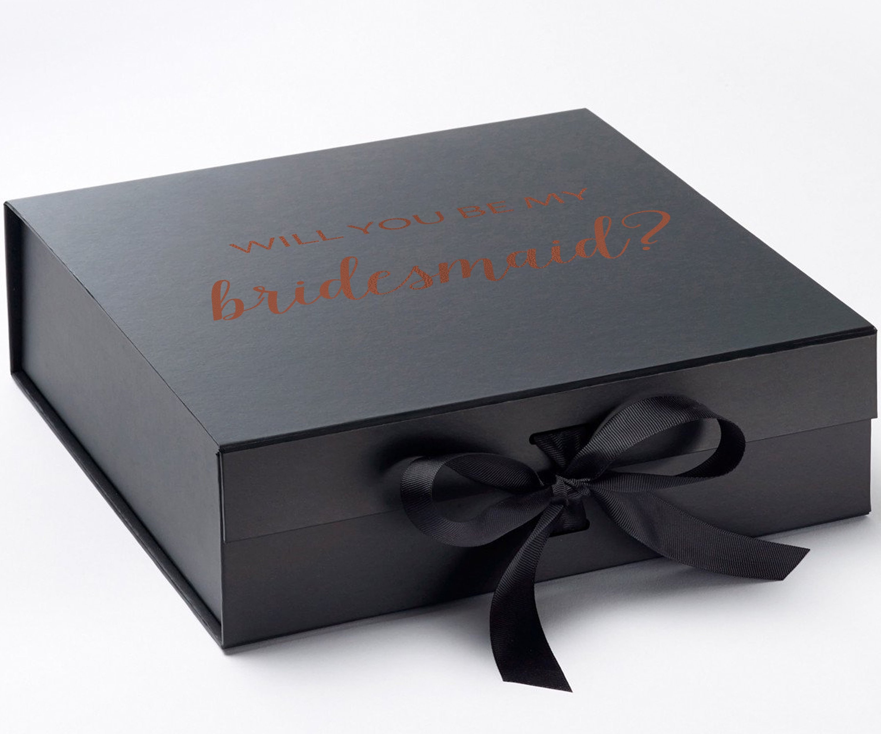 Elegant black bridesmaid proposal box with metallic writing and a black bow, showcasing its luxurious design.