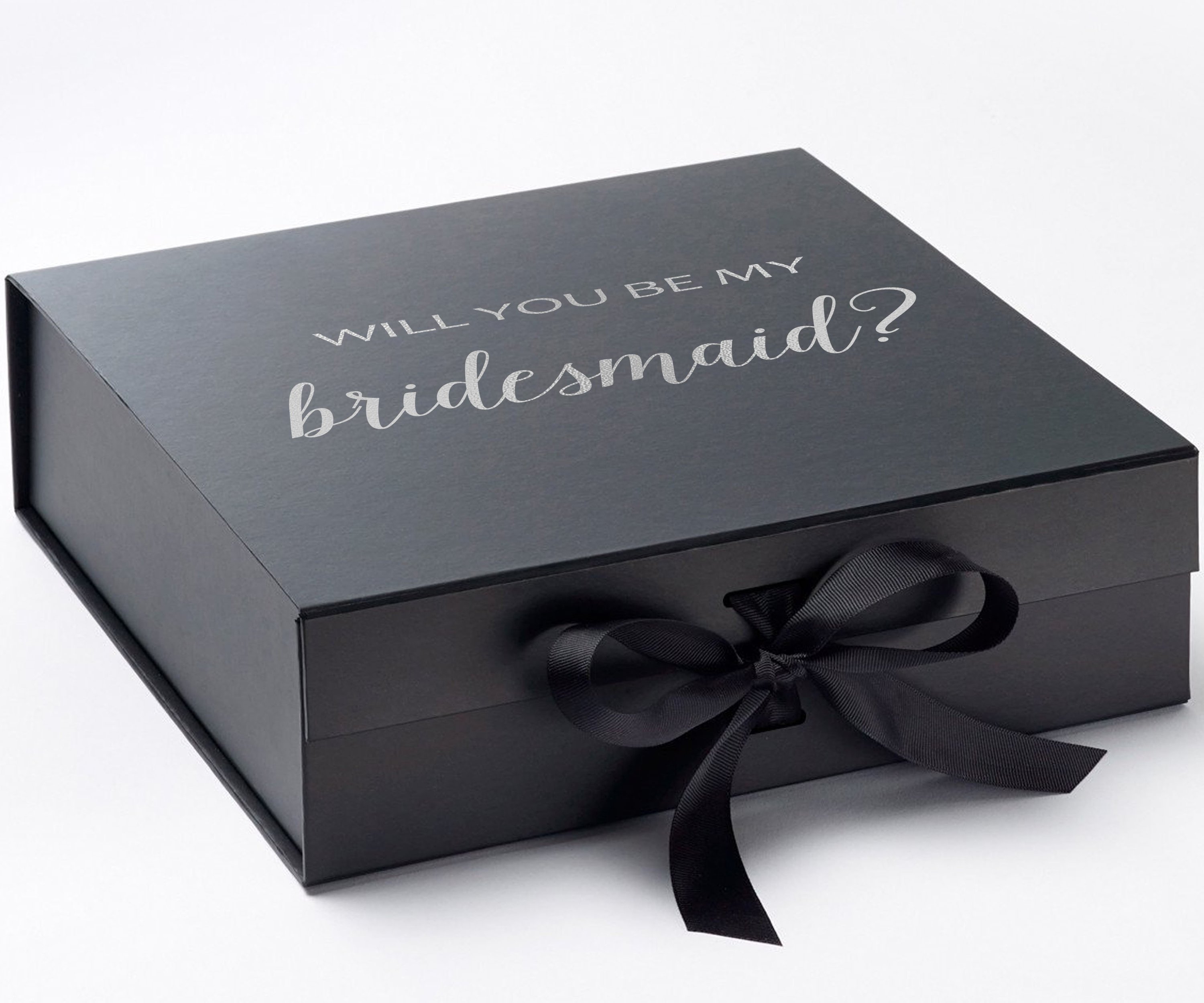 Elegant black bridesmaid proposal box with metallic writing and a black bow, showcasing its luxurious design.