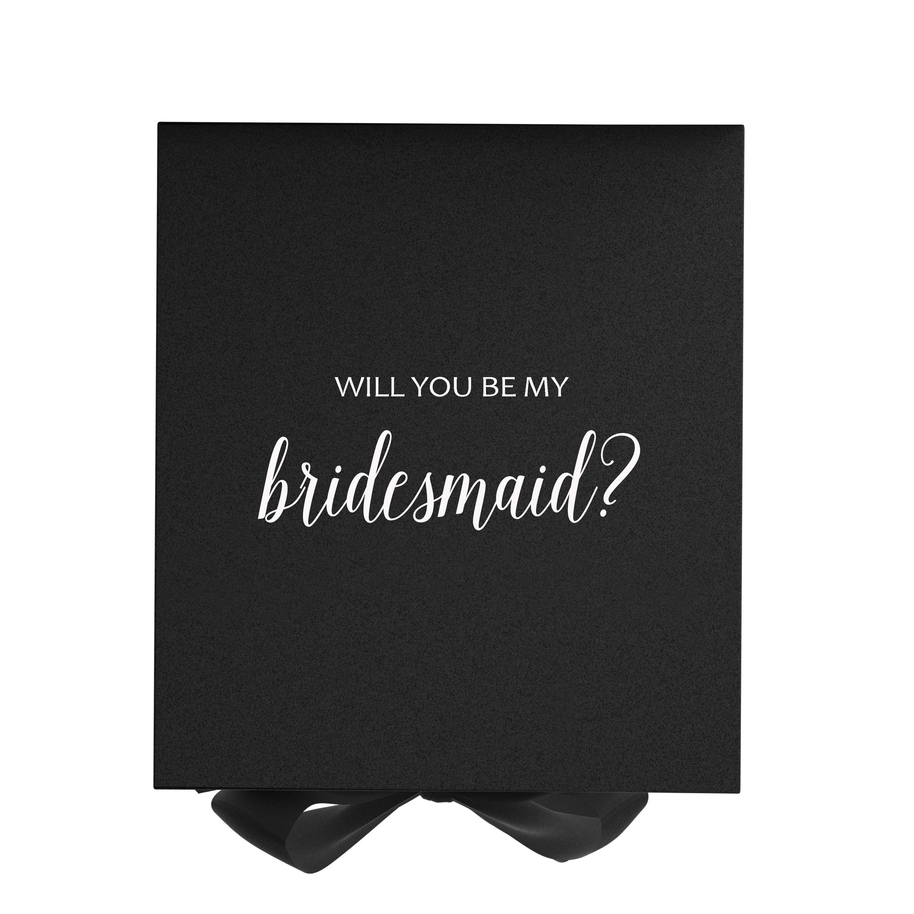 Elegant black bridesmaid proposal box with metallic writing and a black bow, showcasing its luxurious design.