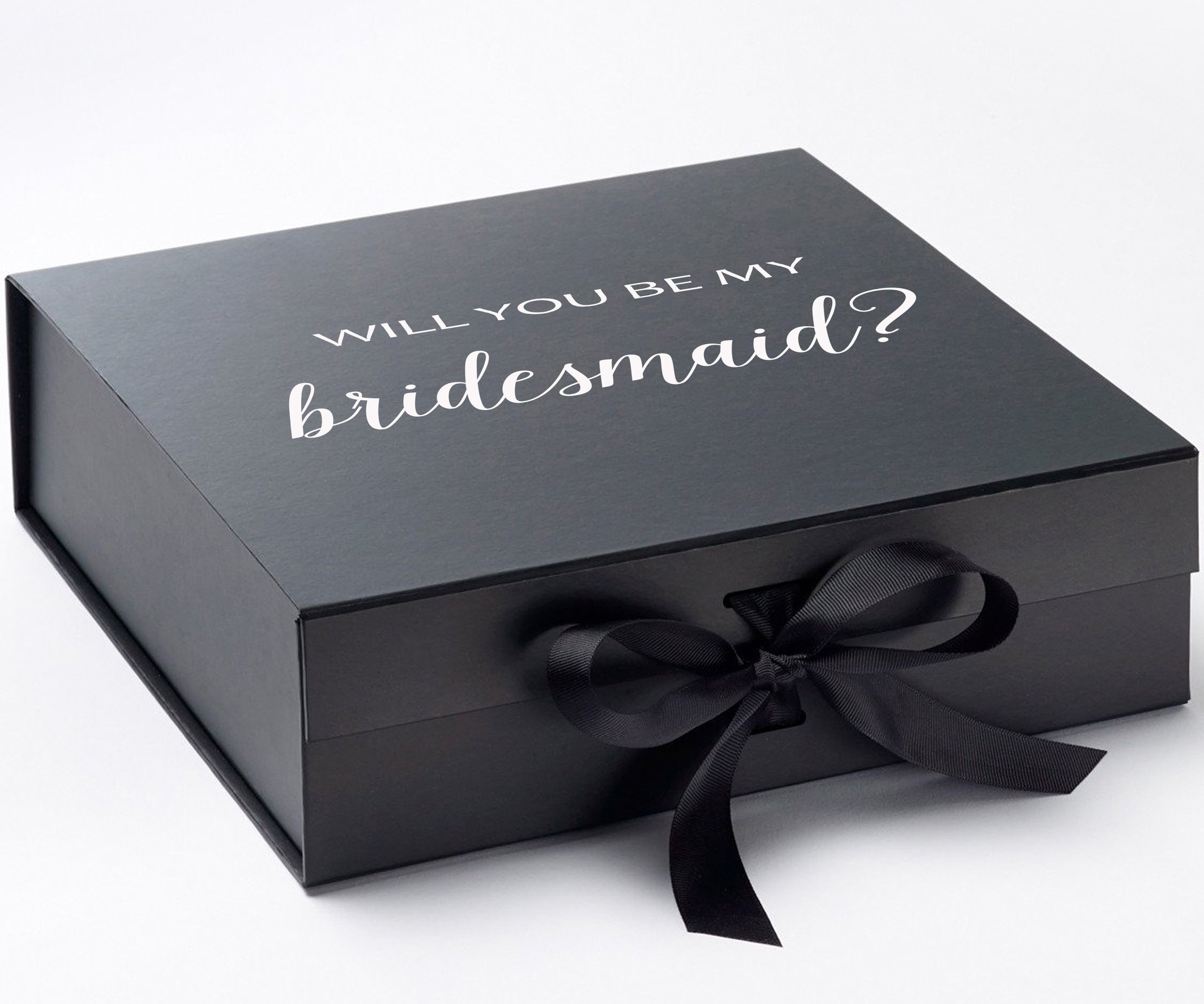 Elegant black bridesmaid proposal box with metallic writing and a black bow, showcasing its luxurious design.