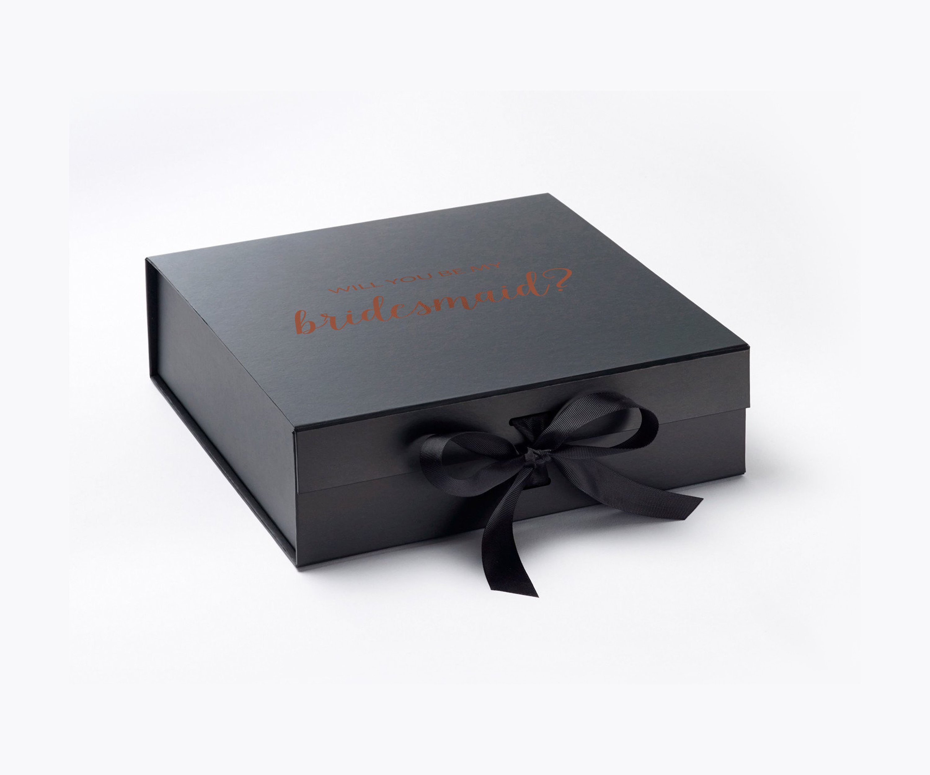 Elegant black bridesmaid proposal box with metallic writing and a black bow, showcasing its luxurious design.