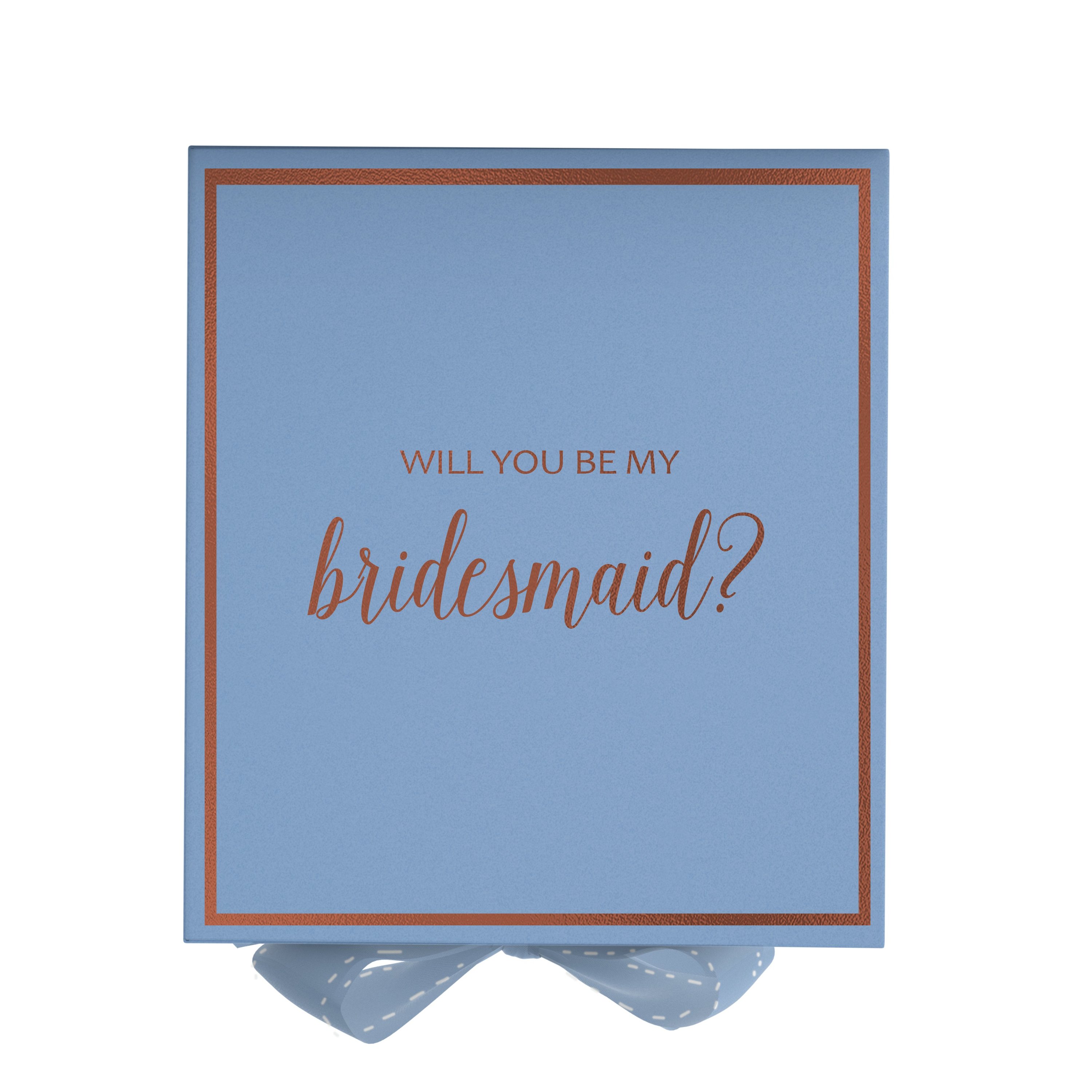 Light blue bridesmaid proposal box with metallic writing and a matching bow, showcasing elegant design and quality construction.