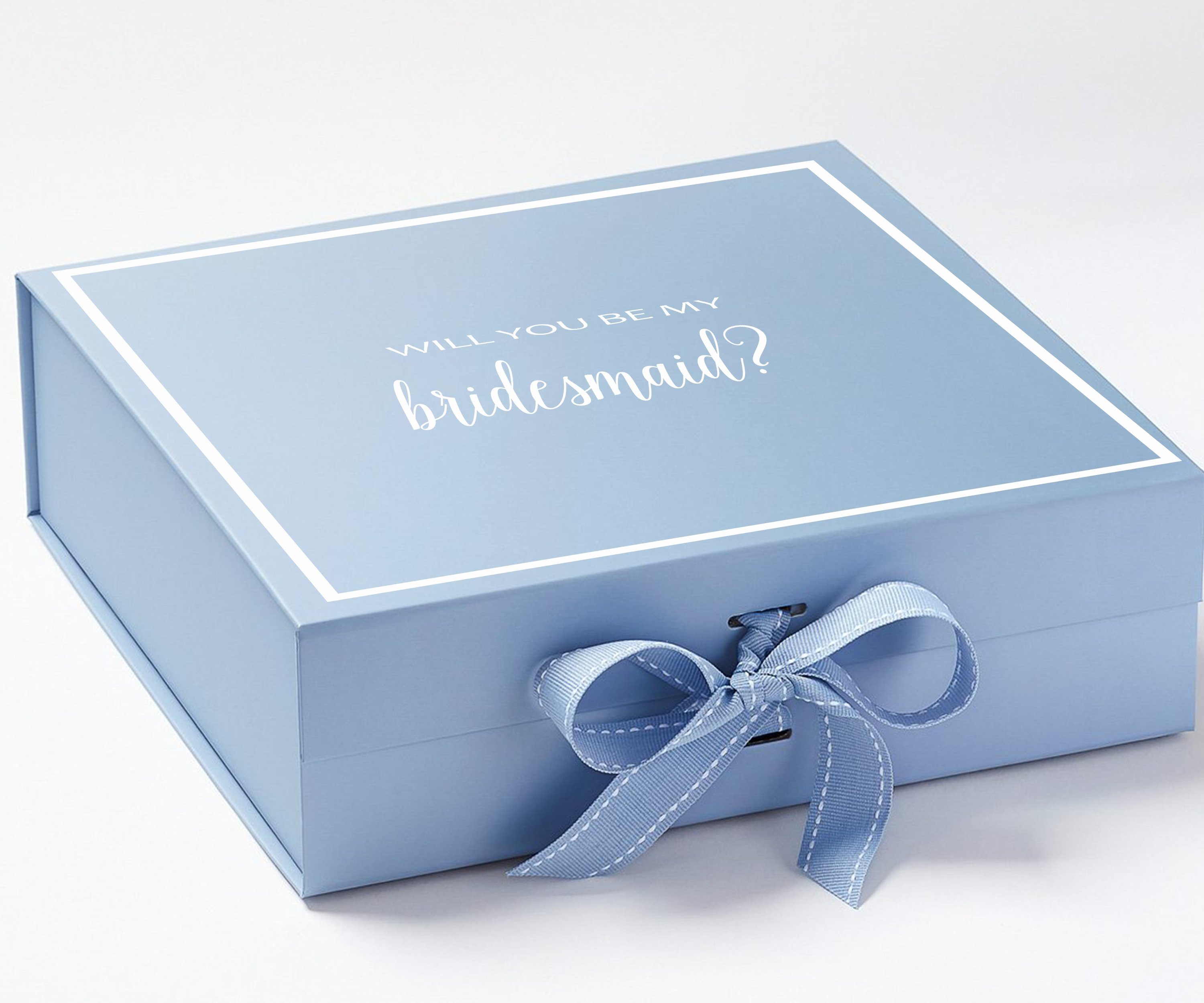 Light blue bridesmaid proposal box with metallic writing and a matching bow, showcasing elegant design and quality construction.