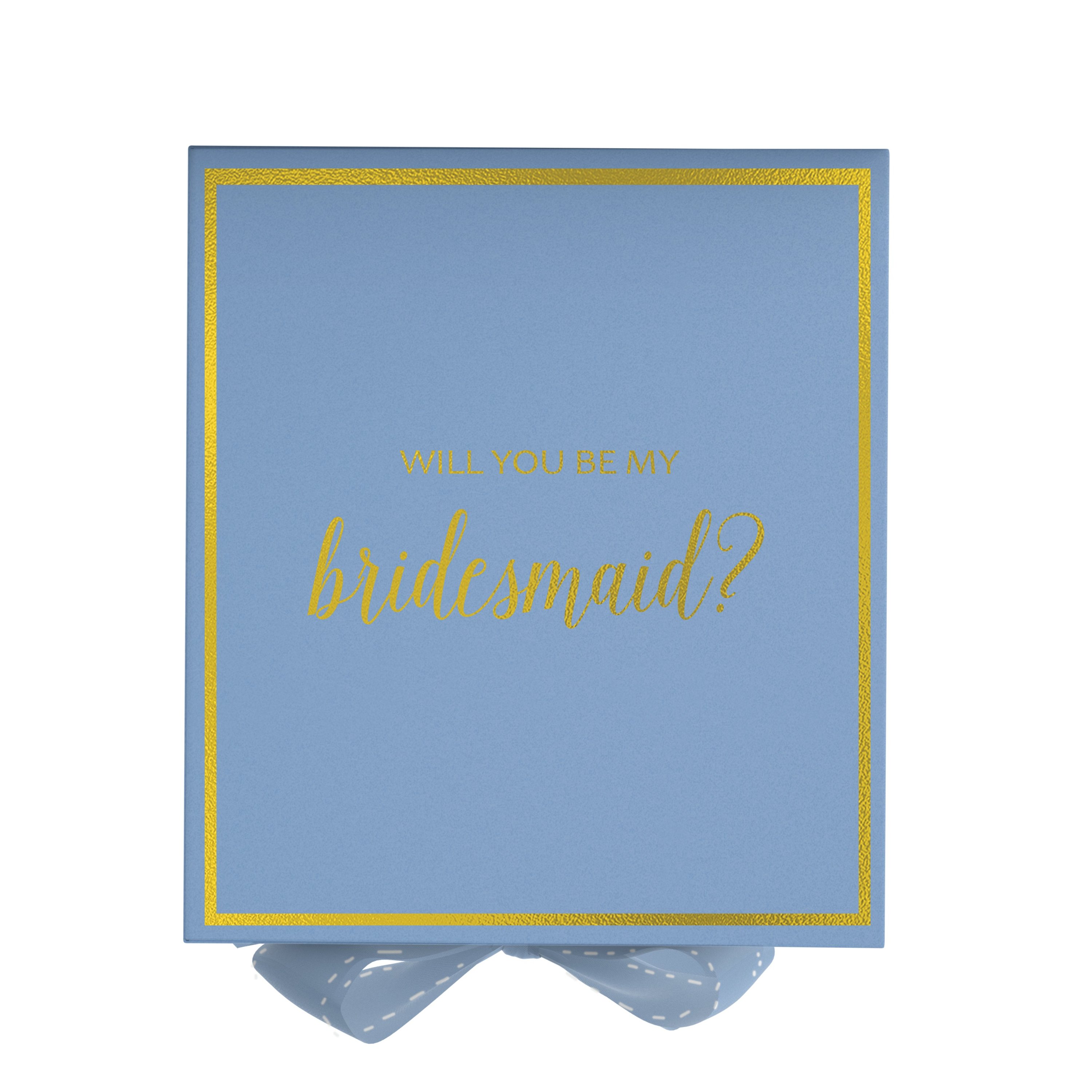 Light blue bridesmaid proposal box with metallic writing and a matching bow, showcasing elegant design and quality construction.