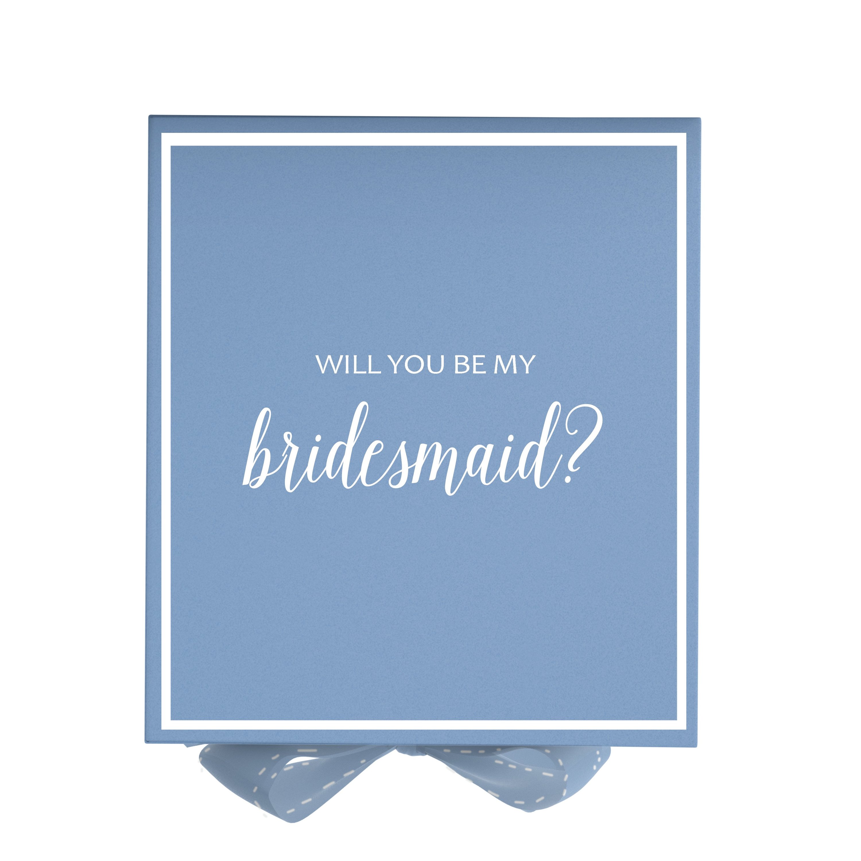 Light blue bridesmaid proposal box with metallic writing and a matching bow, showcasing elegant design and quality construction.