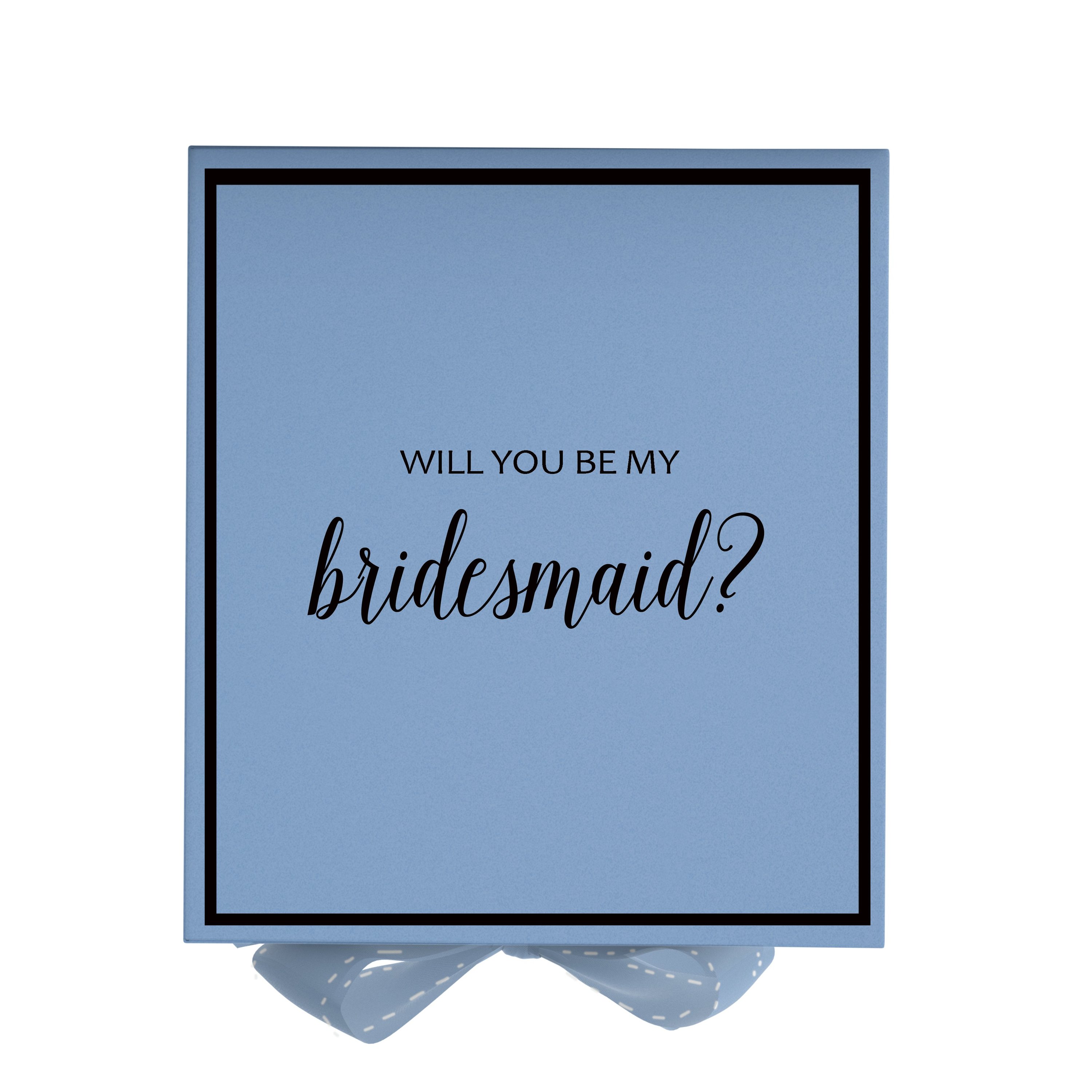 Light blue bridesmaid proposal box with metallic writing and a matching bow, showcasing elegant design and quality construction.