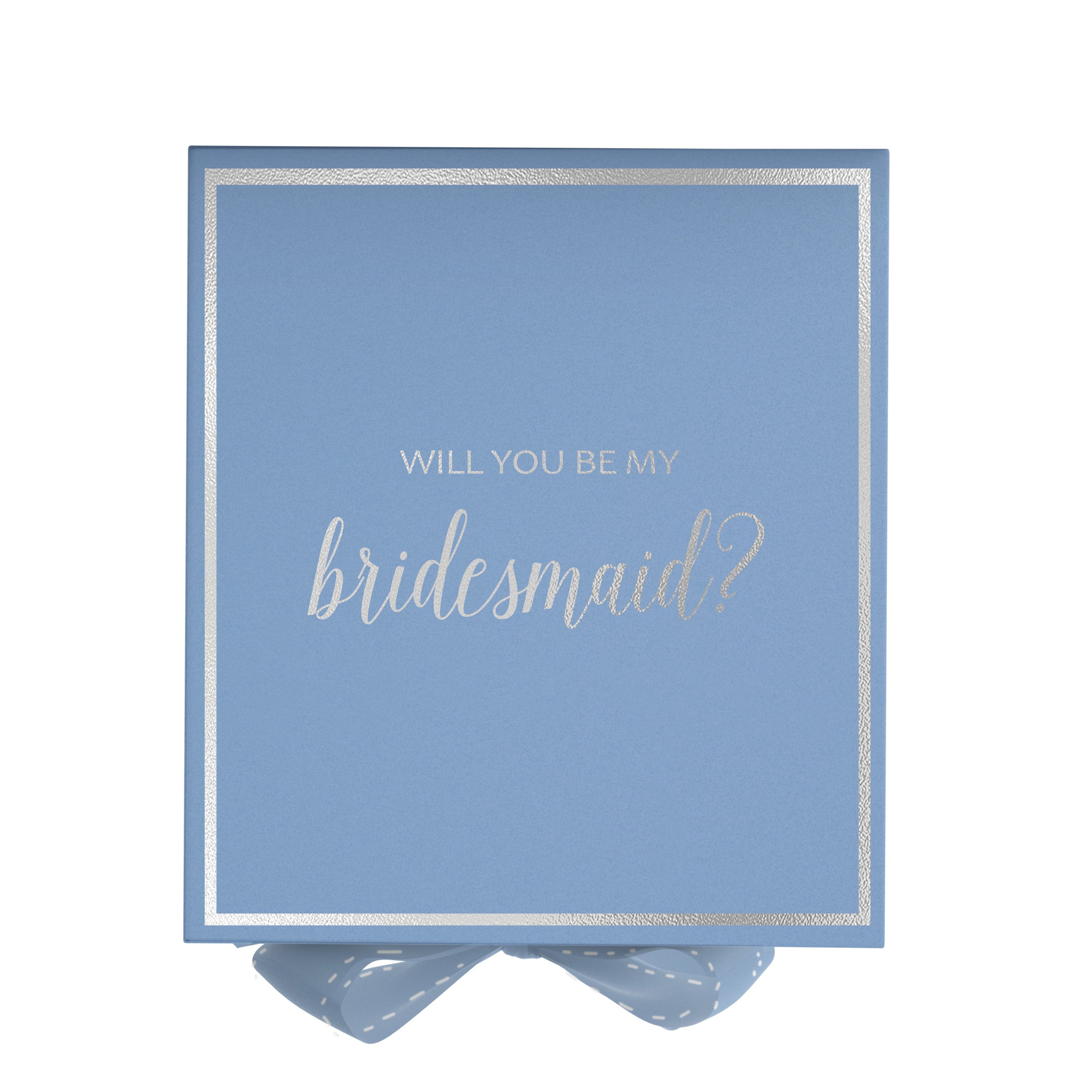 Light blue bridesmaid proposal box with metallic writing and a matching bow, showcasing elegant design and quality construction.