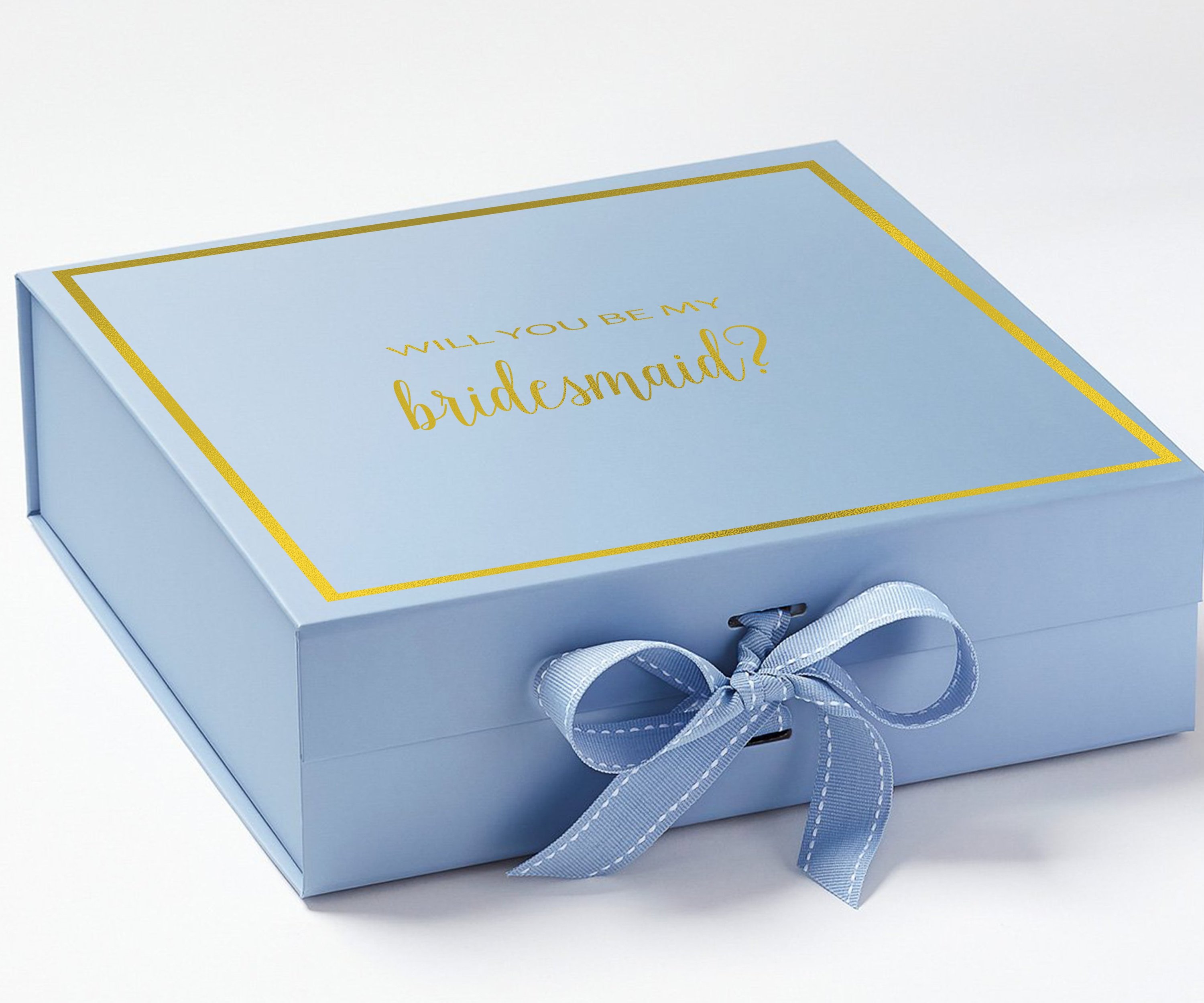 Light blue bridesmaid proposal box with metallic writing and a matching bow, showcasing elegant design and quality construction.