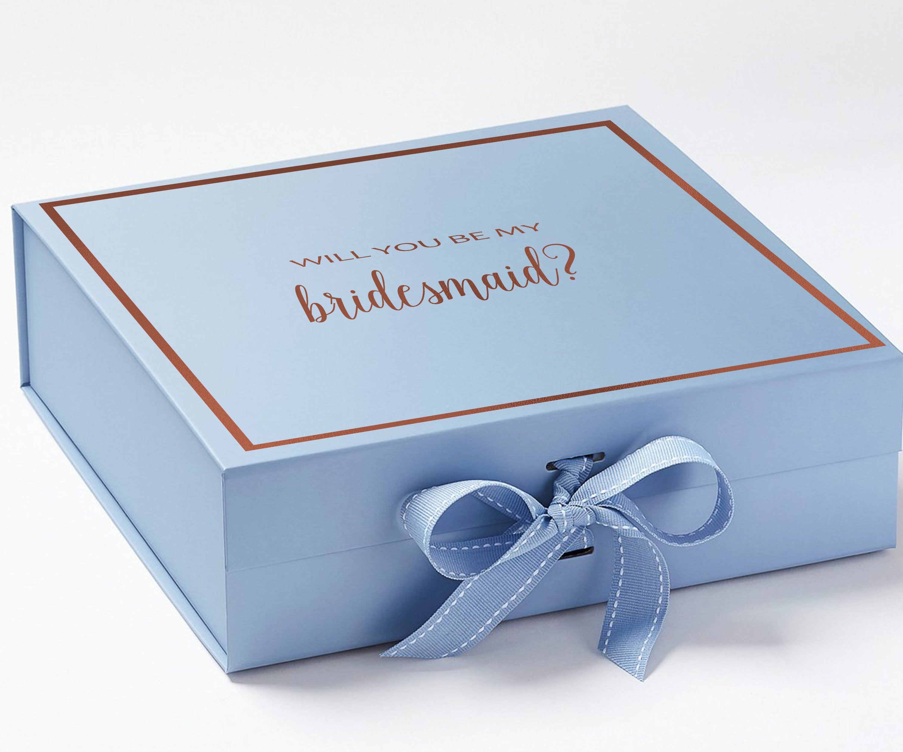 Light blue bridesmaid proposal box with metallic writing and a matching bow, showcasing elegant design and quality construction.