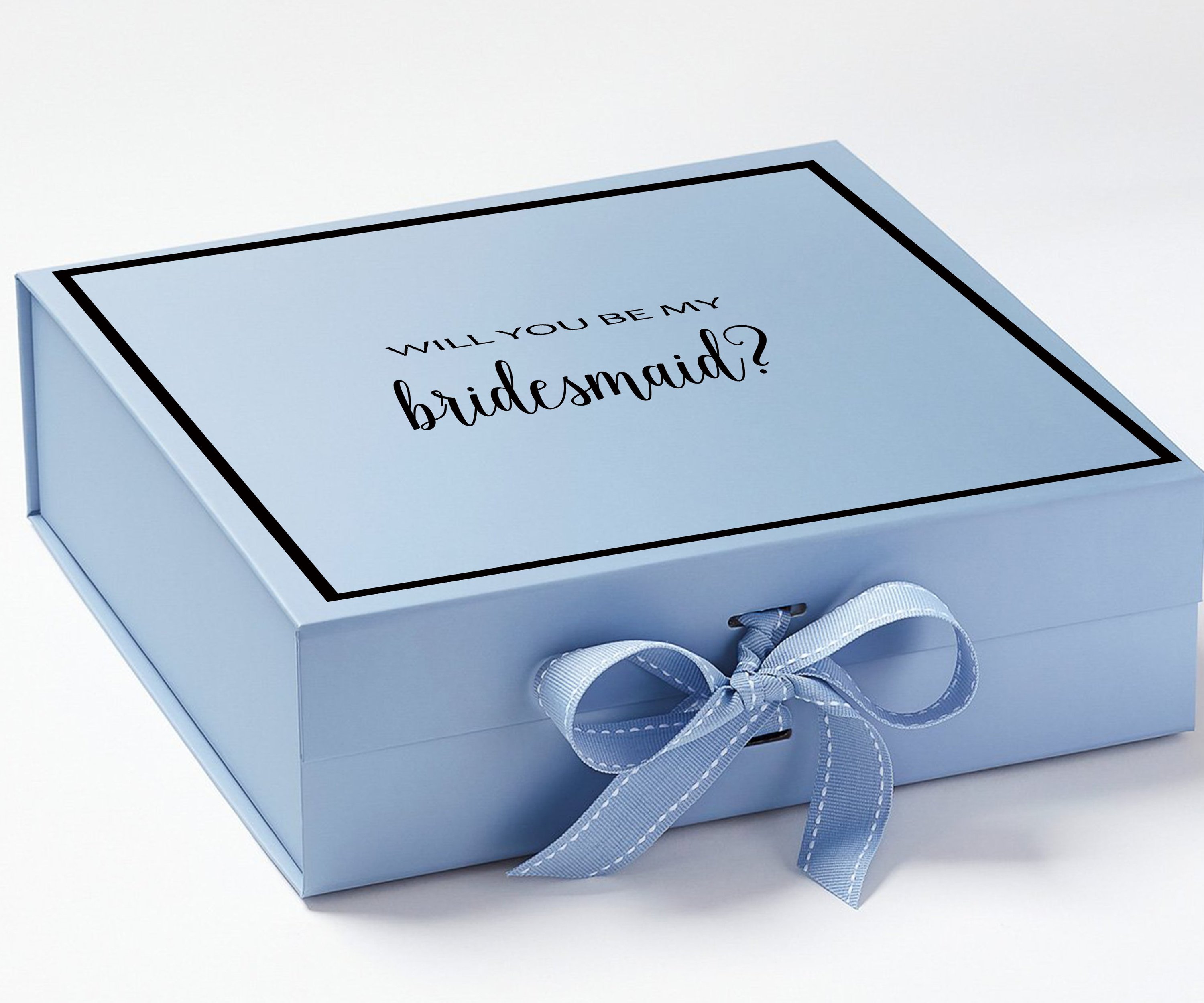 Light blue bridesmaid proposal box with metallic writing and a matching bow, showcasing elegant design and quality construction.