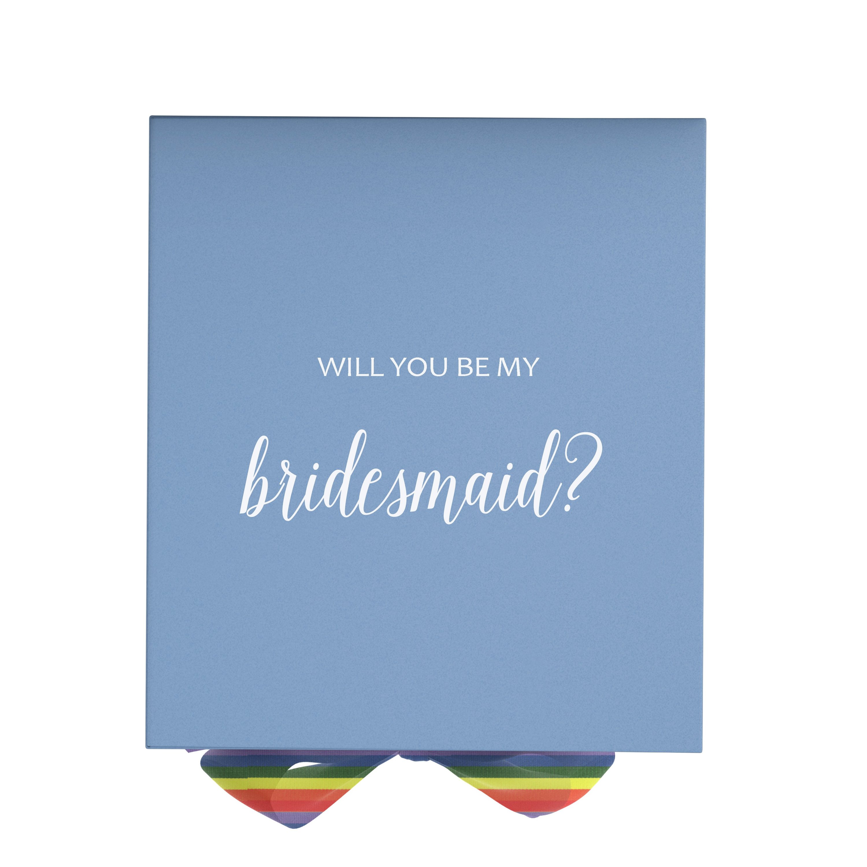 Light blue bridesmaid proposal box with metallic writing and rainbow bow, showcasing elegant design and quality craftsmanship.