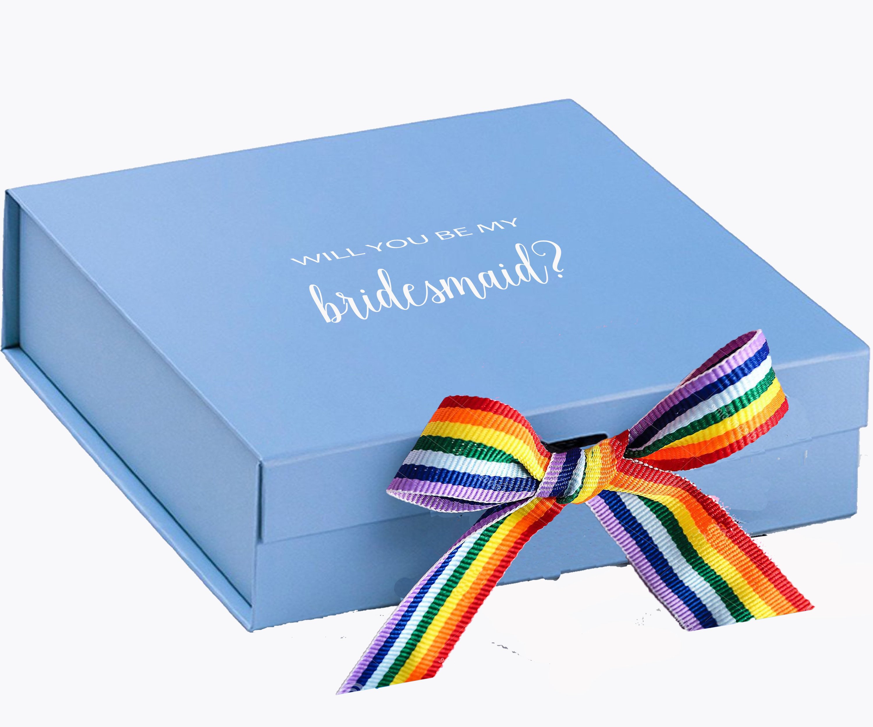 Light blue bridesmaid proposal box with metallic writing and rainbow bow, showcasing elegant design and quality craftsmanship.