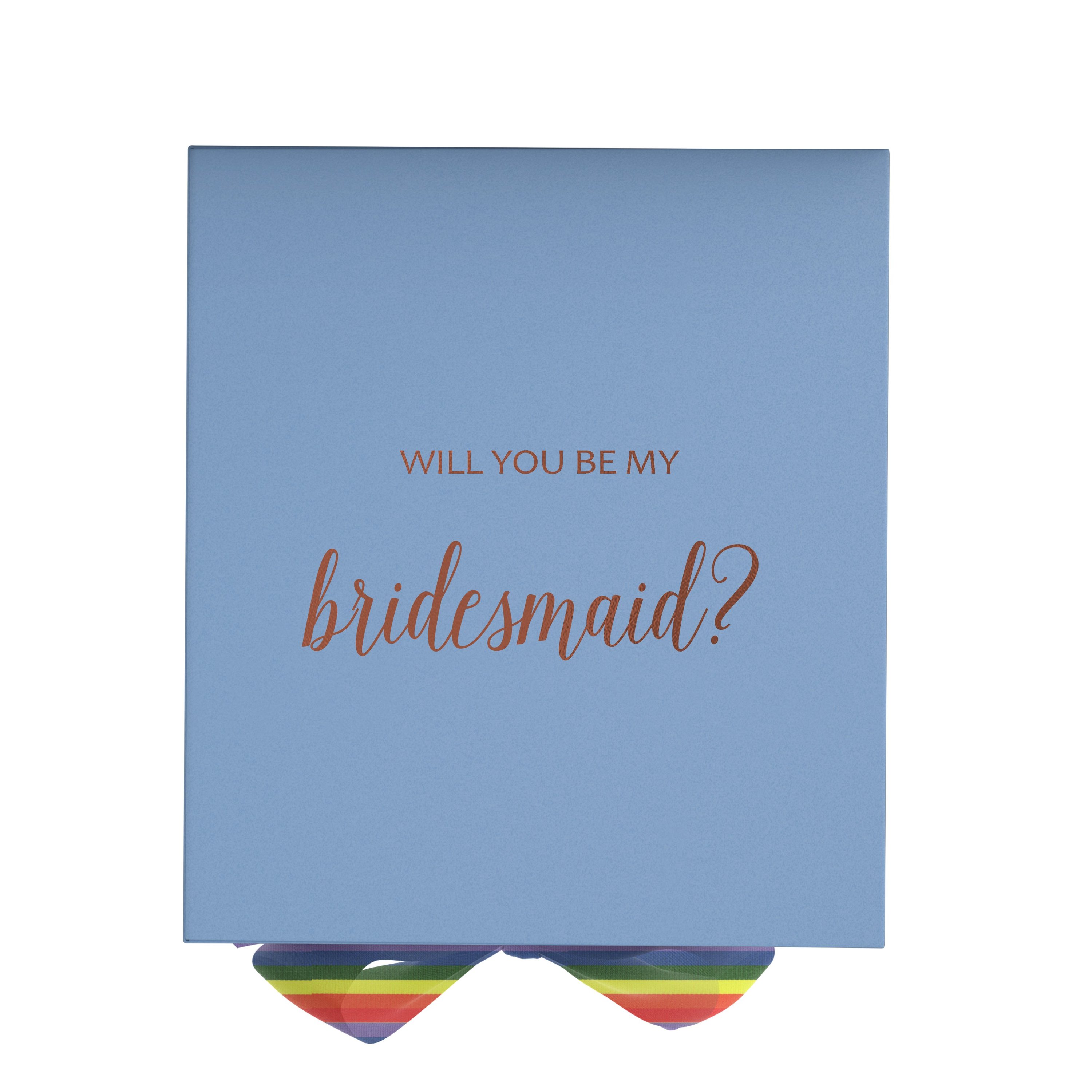 Light blue bridesmaid proposal box with metallic writing and rainbow bow, showcasing elegant design and quality craftsmanship.