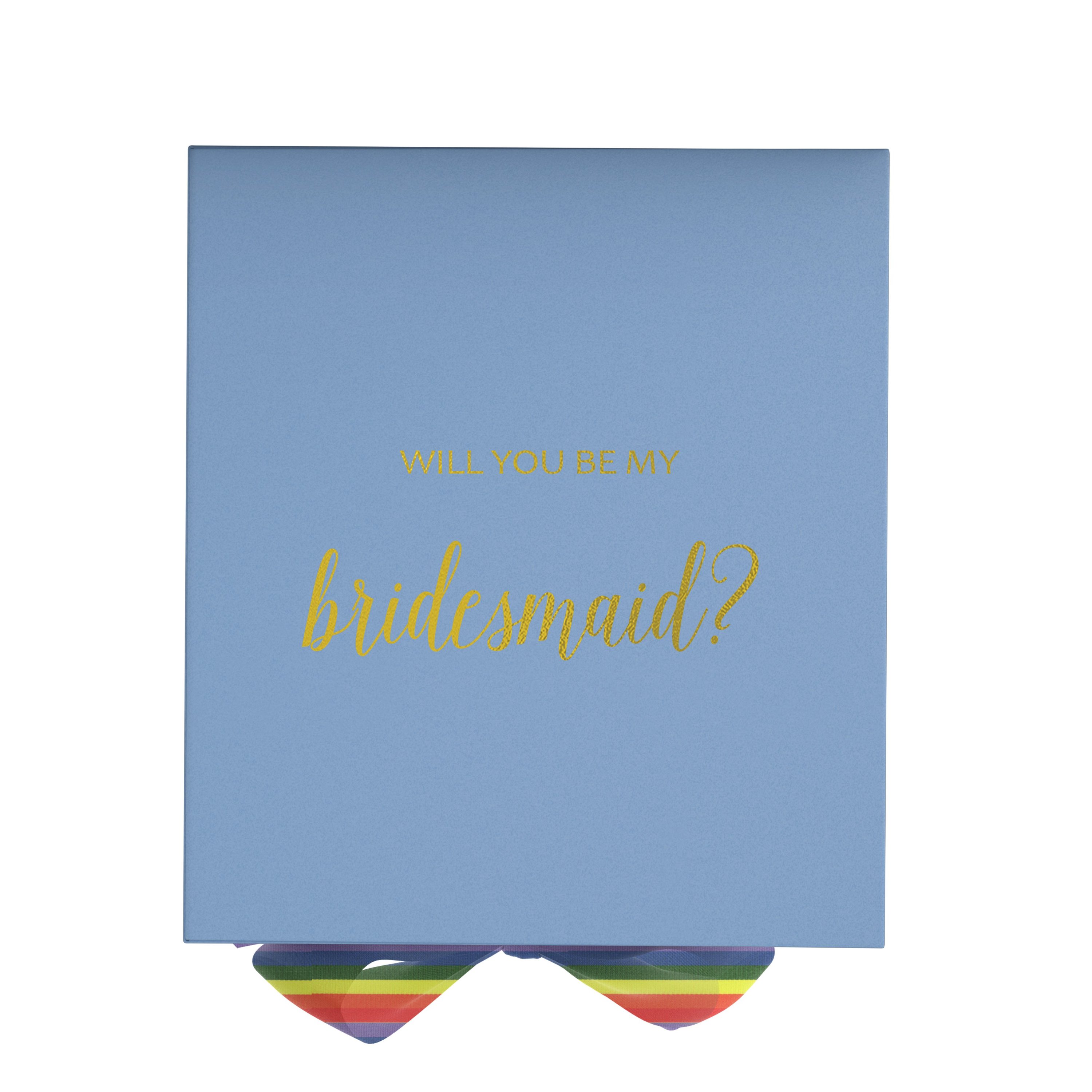 Light blue bridesmaid proposal box with metallic writing and rainbow bow, showcasing elegant design and quality craftsmanship.