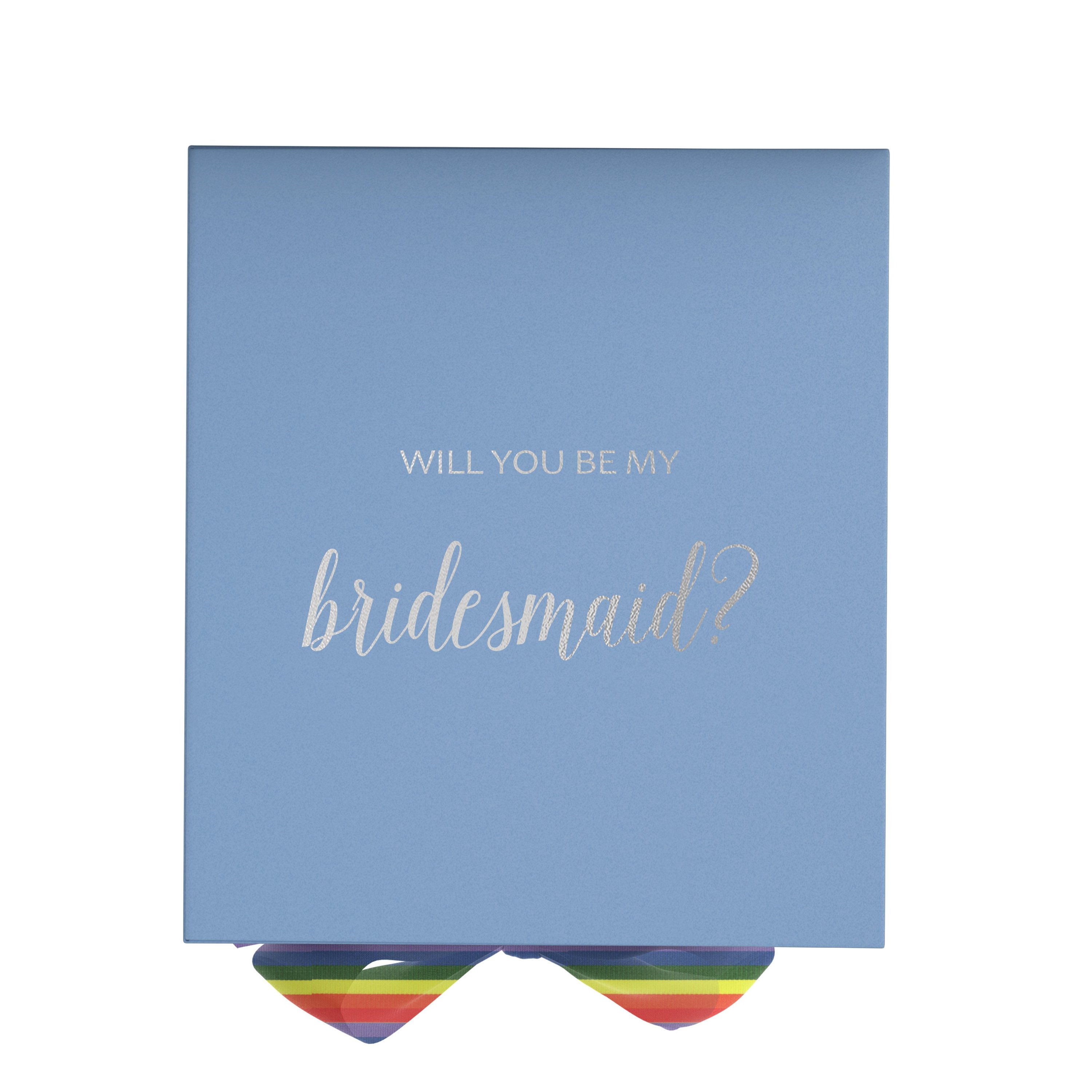 Light blue bridesmaid proposal box with metallic writing and rainbow bow, showcasing elegant design and quality craftsmanship.