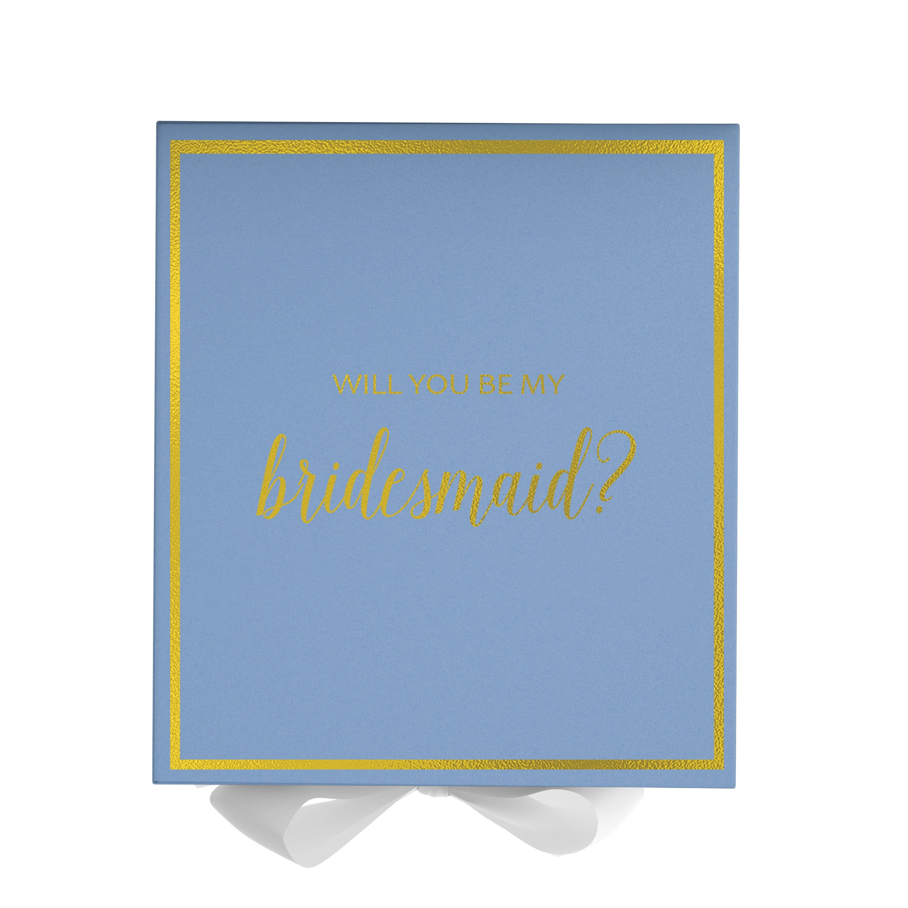 Light Blue bridesmaid proposal box with white bow and metallic writing on the lid, showcasing its elegant design.