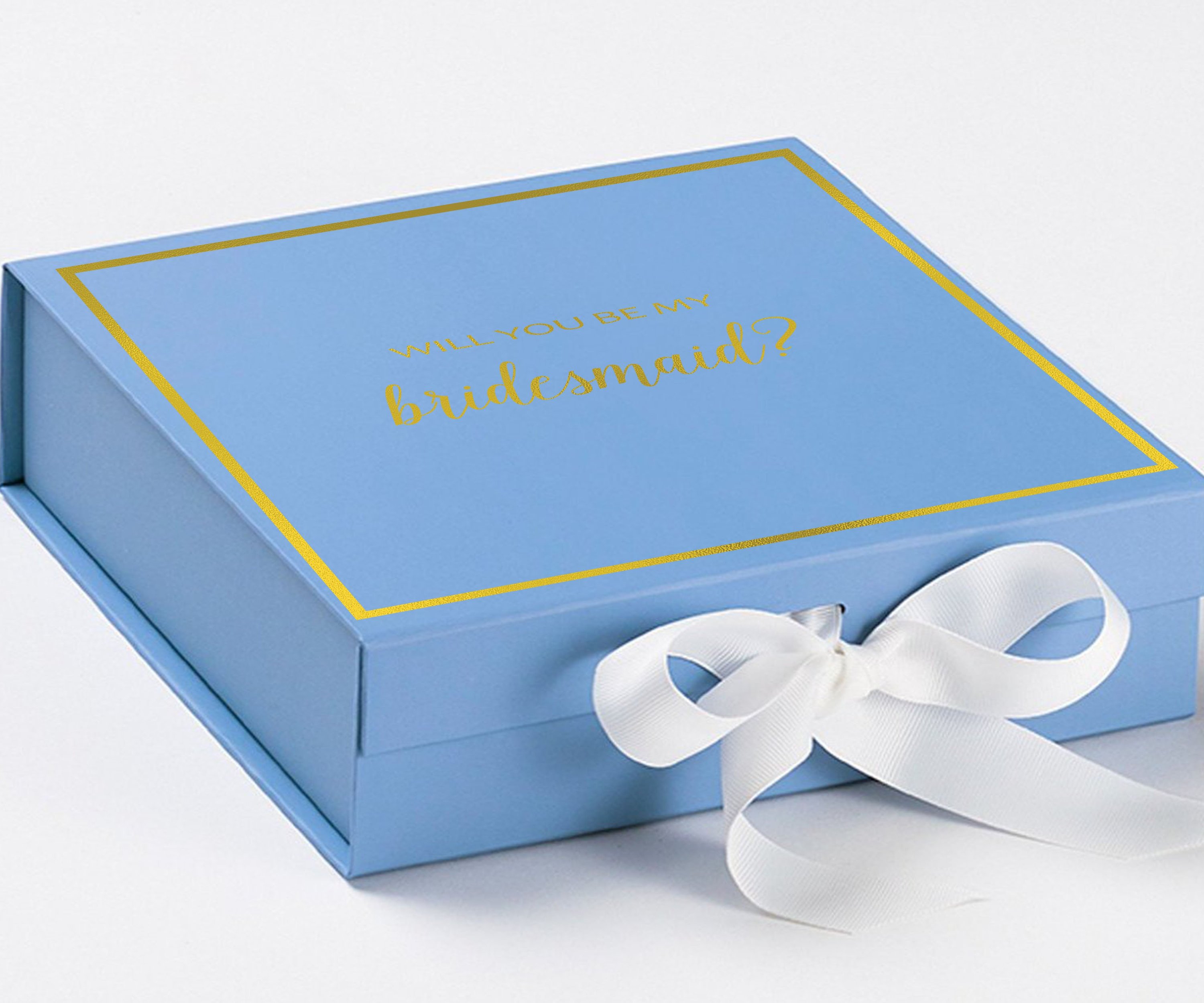 Light Blue bridesmaid proposal box with white bow and metallic writing on the lid, showcasing its elegant design.