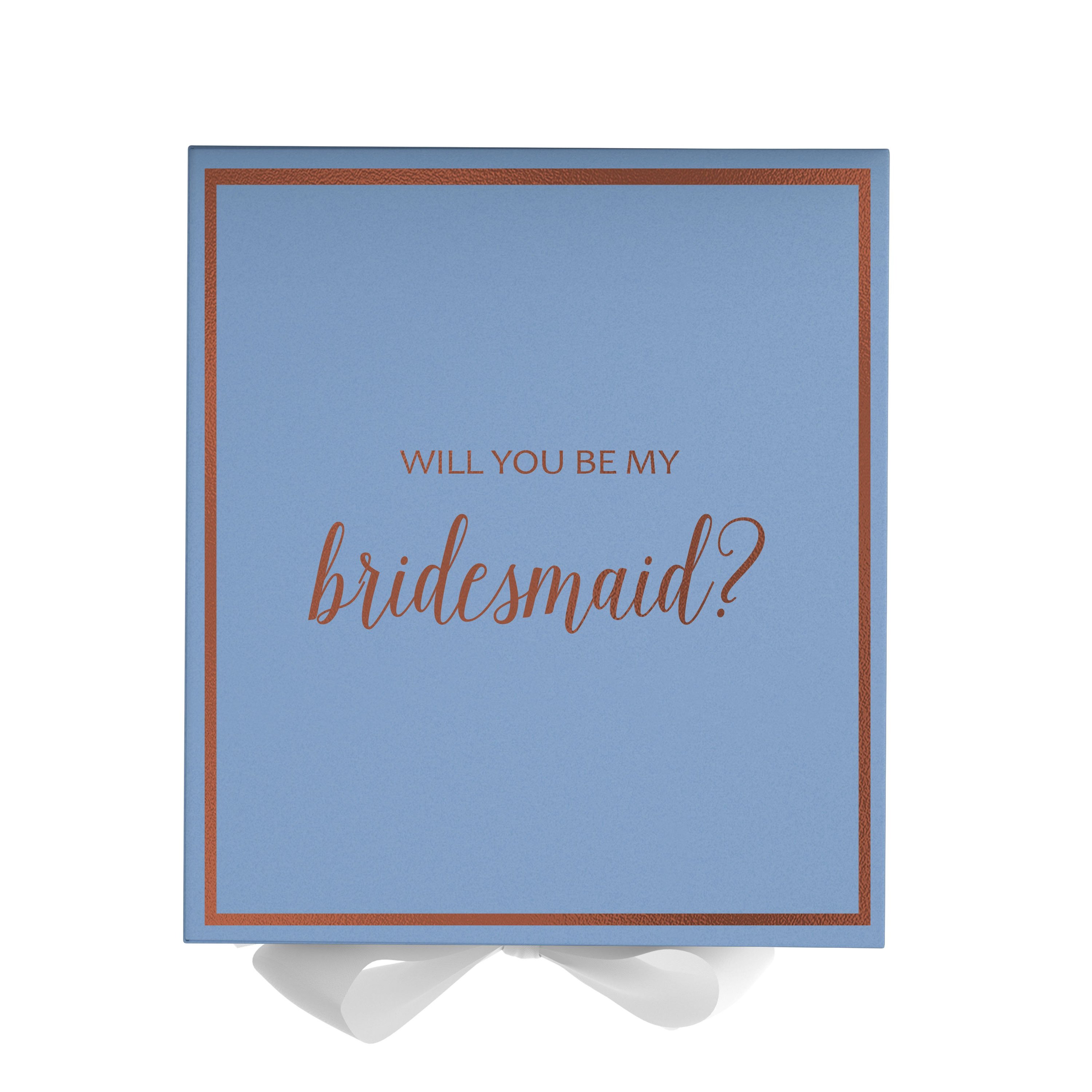 Light Blue bridesmaid proposal box with white bow and metallic writing on the lid, showcasing its elegant design.