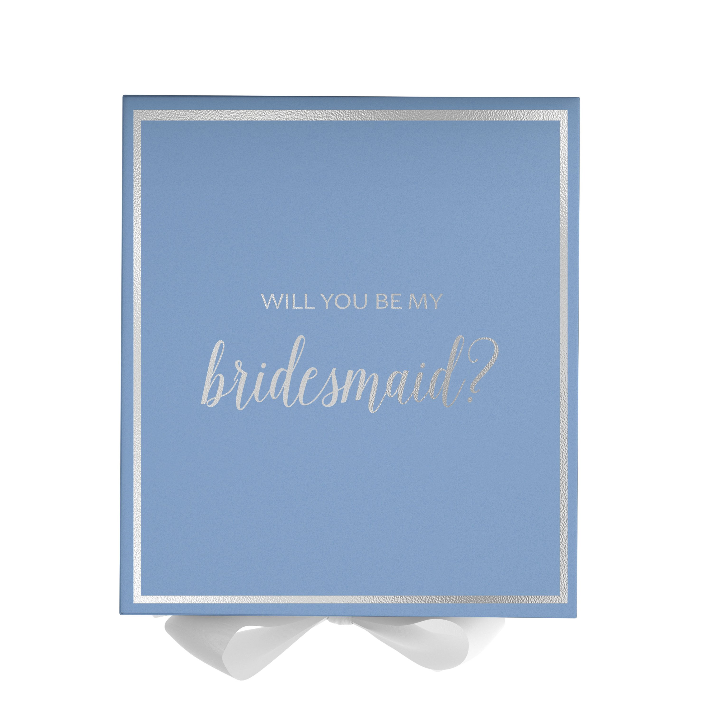 Light Blue bridesmaid proposal box with white bow and metallic writing on the lid, showcasing its elegant design.