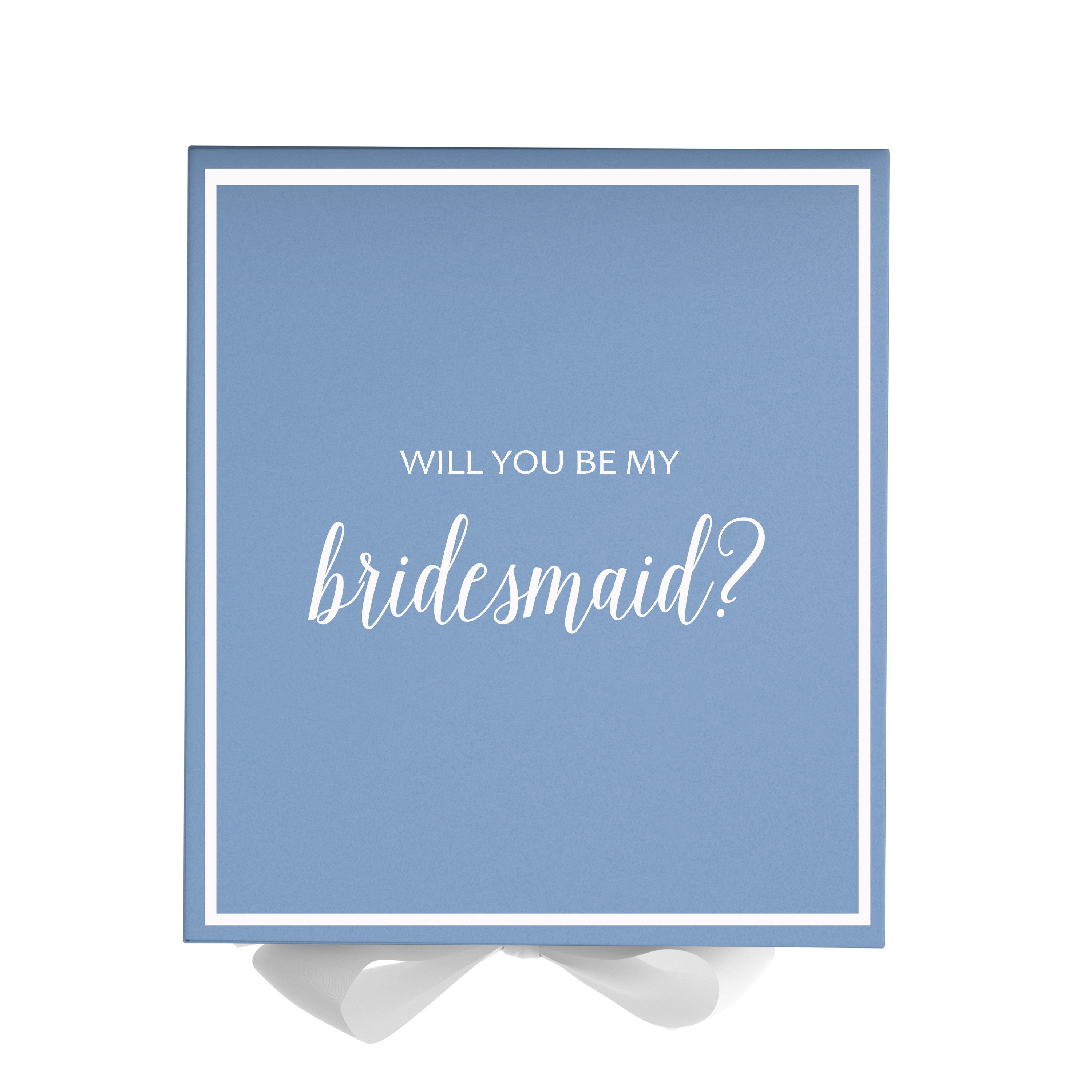 Light Blue bridesmaid proposal box with white bow and metallic writing on the lid, showcasing its elegant design.