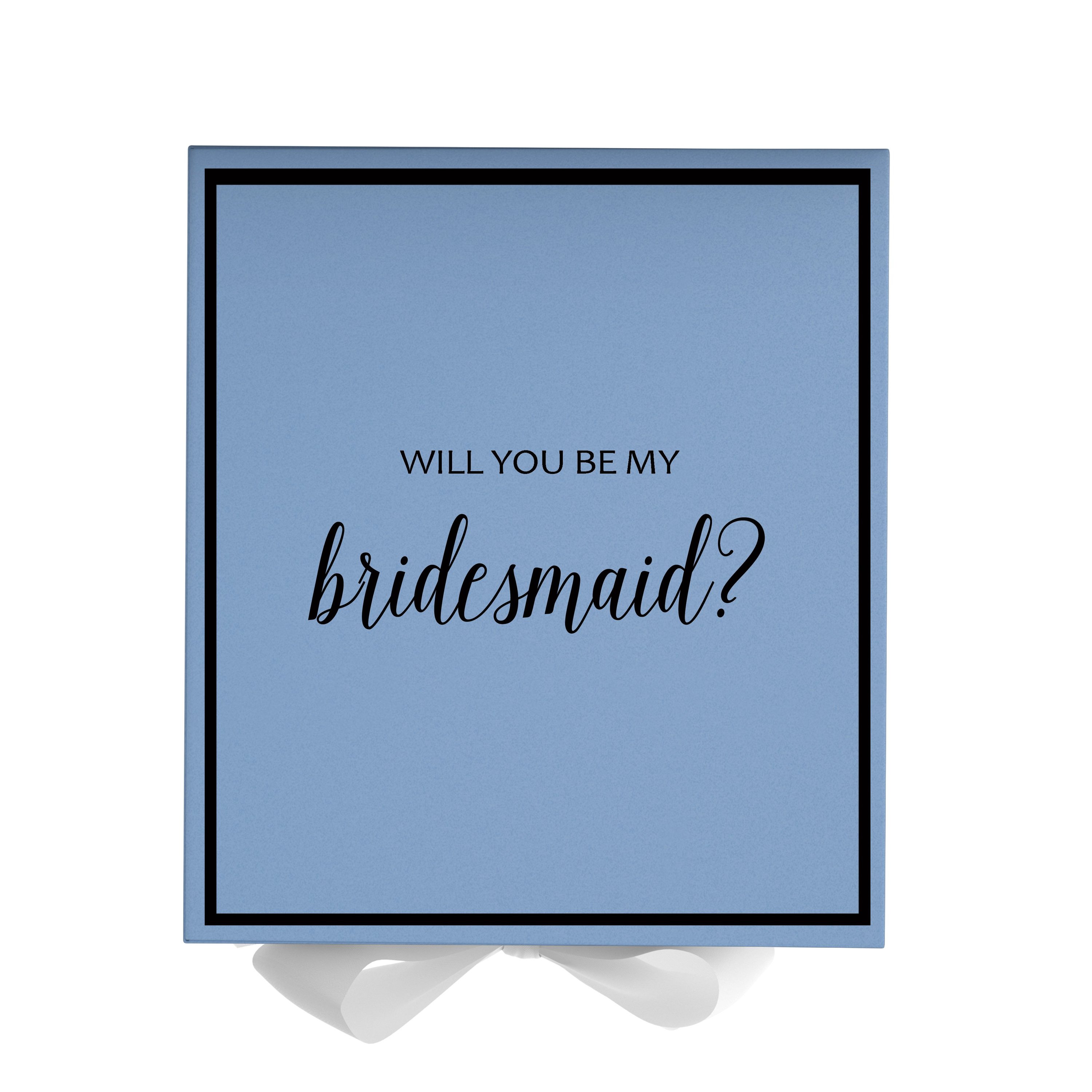 Light Blue bridesmaid proposal box with white bow and metallic writing on the lid, showcasing its elegant design.